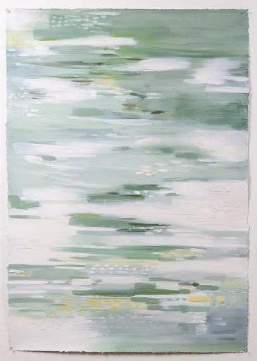 Original oil painting by Asheville artist Cheyenne Trunnell depicting an abstract reflection of water in soft green tones, framed, 37x48 inches.