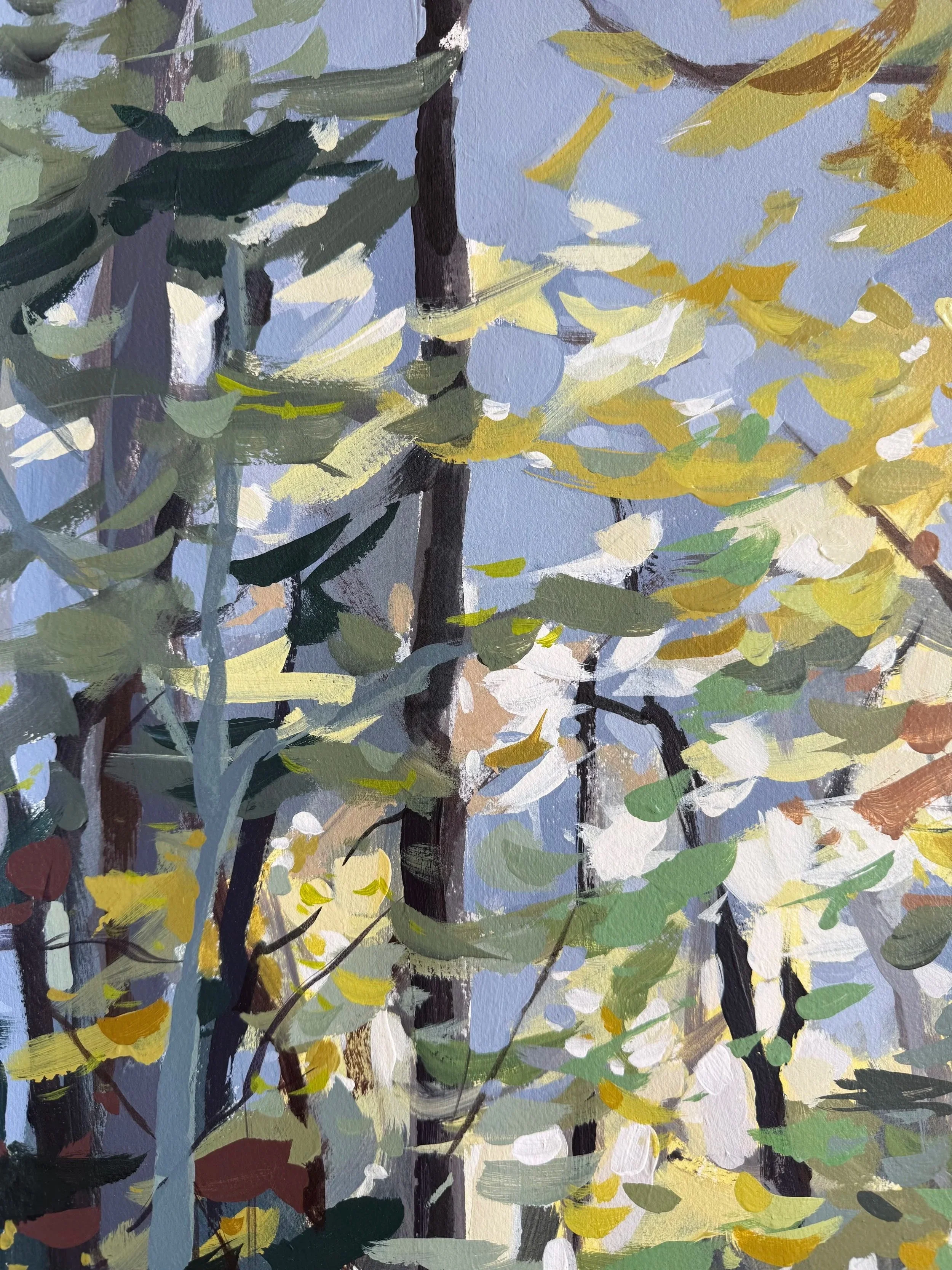 Close-up of warm earth-toned brushstrokes and layered foliage from Cheyenne Trunnell’s Indian Summer Study.