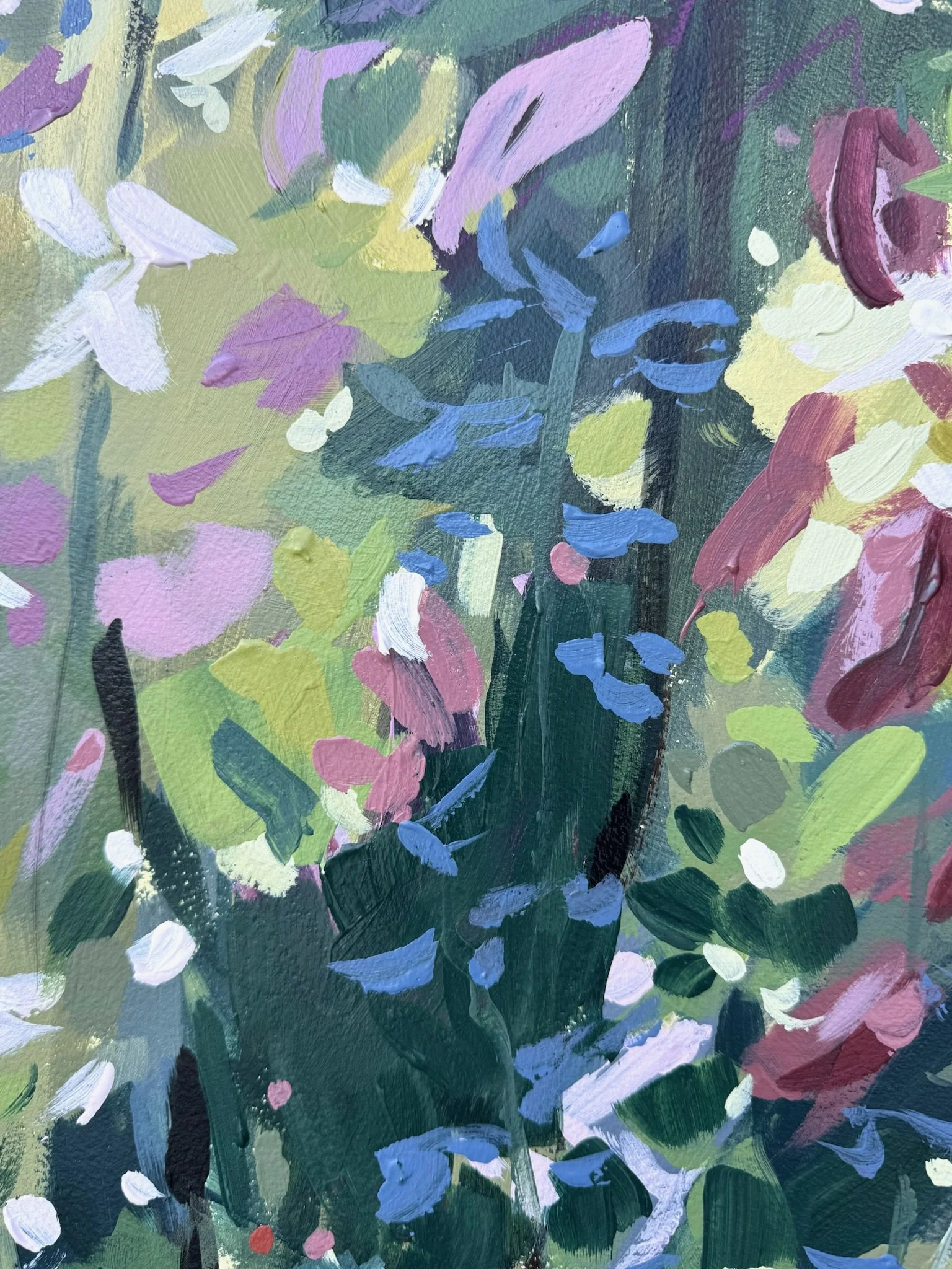 Original mixed media landscape painting by Asheville artist Cheyenne Trunnell depicting up close details of a field of purple and white flowers in soft light, unframed, 31x45 inches.