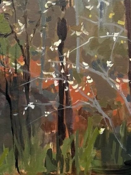 Close-up of Our Hearts Are Restless Until They Rest in Thee highlighting golden-yellow foliage, soft greens, and layered painterly textures.