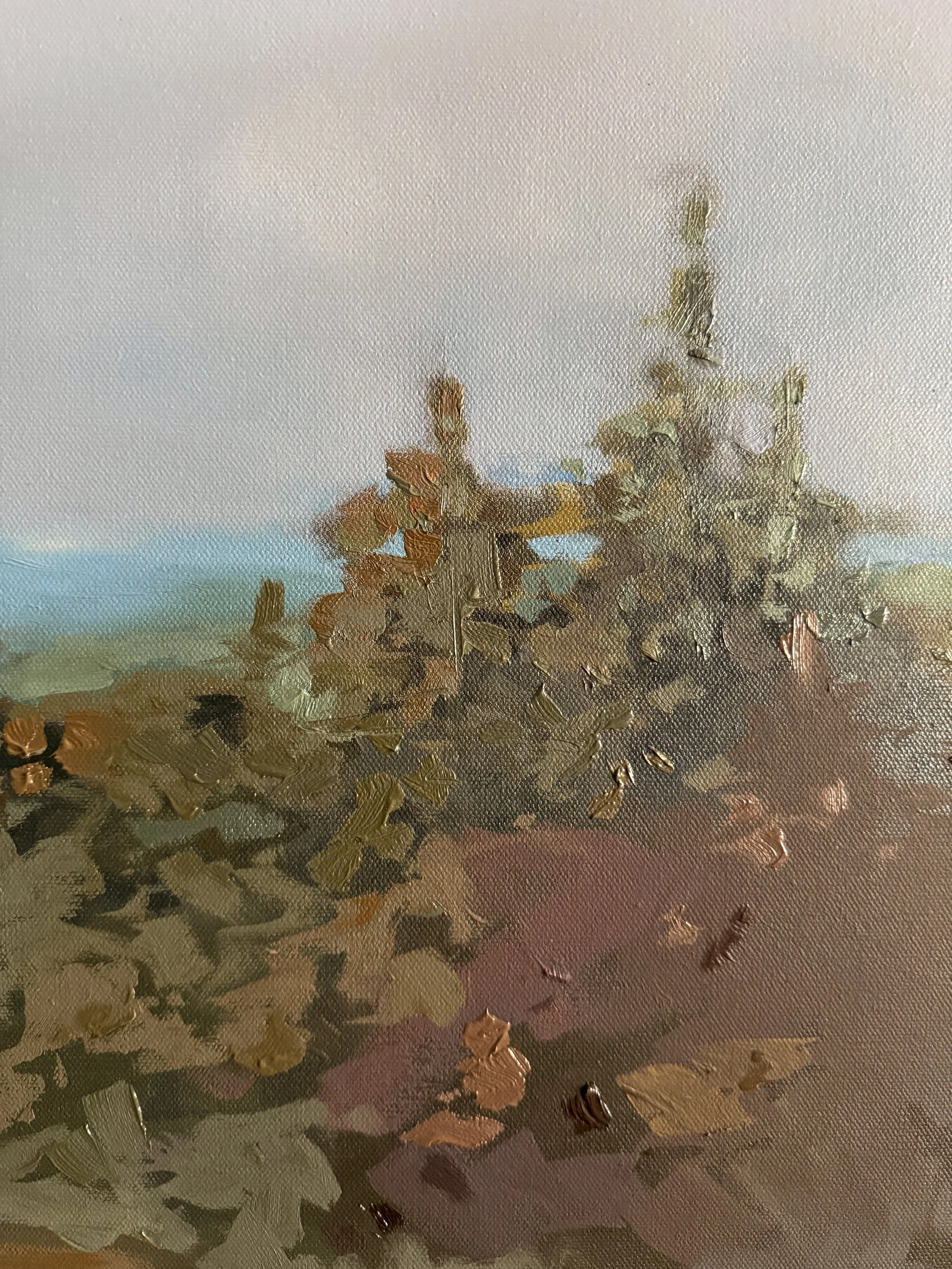 Original oil landscape painting by Asheville artist Cheyenne Trunnell depicting the up close details of dusk settling over the North Carolina mountains, framed, 40x40 inches.