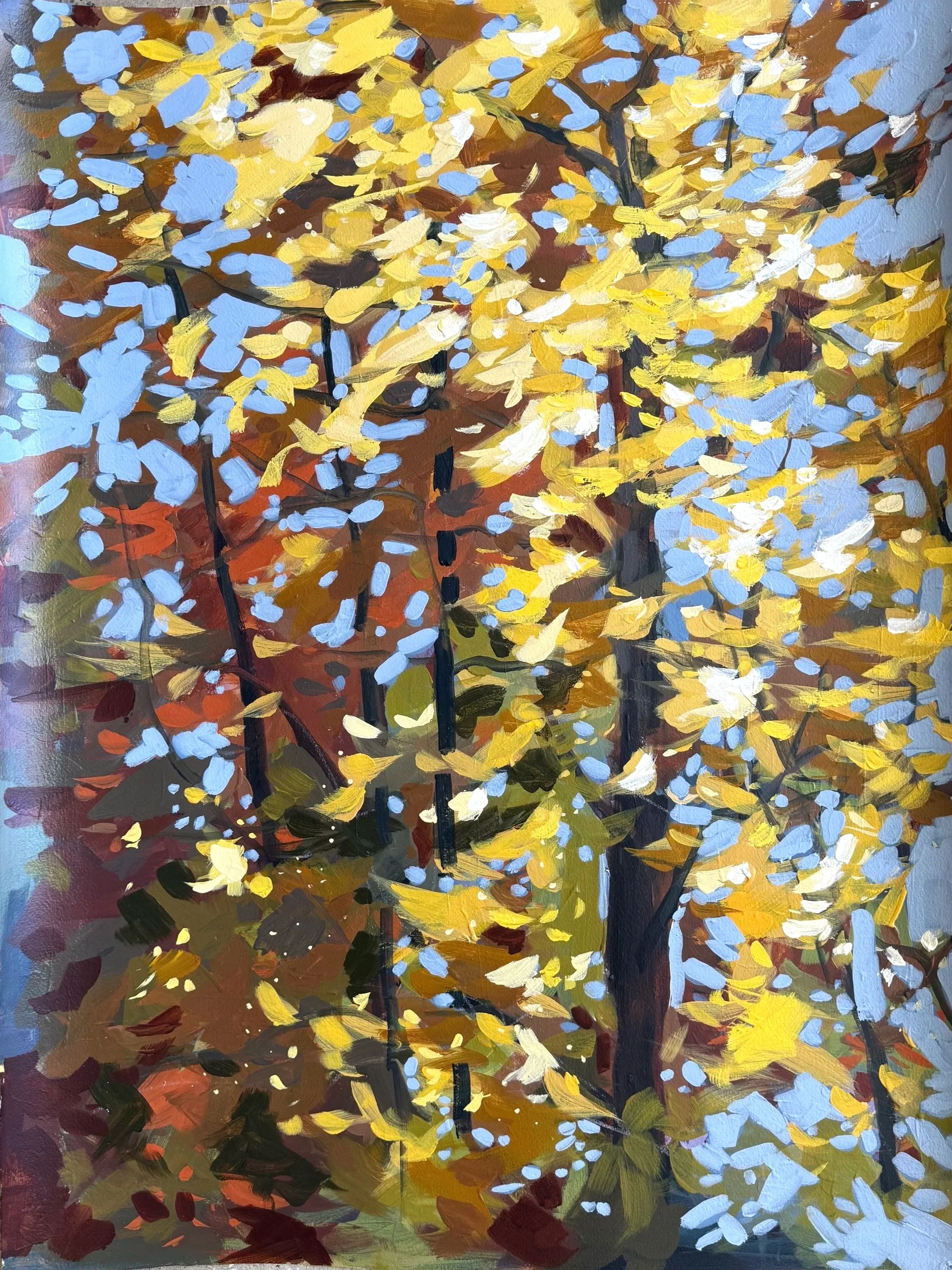 Original acrylic painting by Asheville artist Cheyenne Trunnell showing golden fall leaves with rust, blue, and earthy tones layered on Arches paper, 22×30 inches.