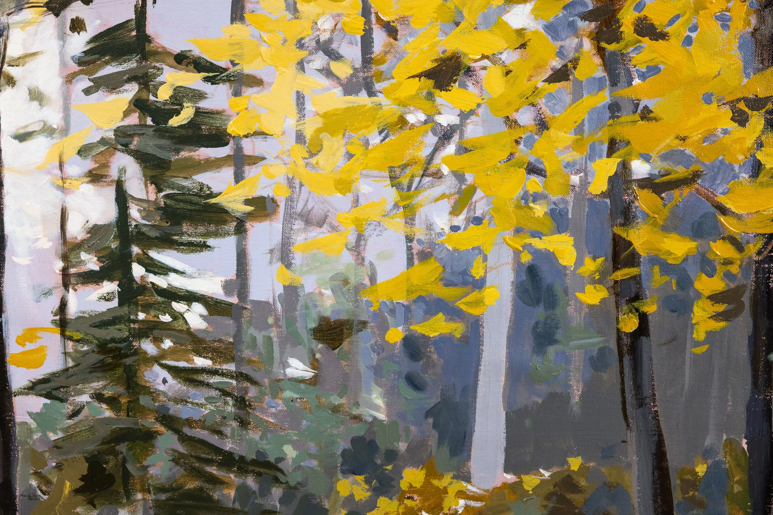 Detail of original oil landscape painting showing yellow spring leaves and layered forest canopy with expressive brushwork and filtered daylight by Cheyenne Trunnell.