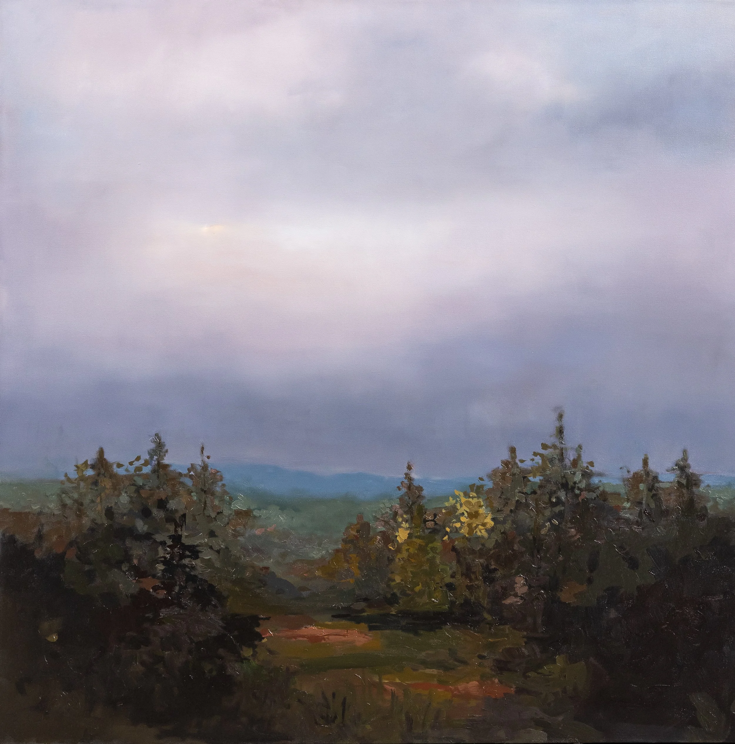 Original oil landscape painting by Asheville artist Cheyenne Trunnell depicting a misty mountain landscape with layered trees and soft evening light, framed, 37x45 inches.
