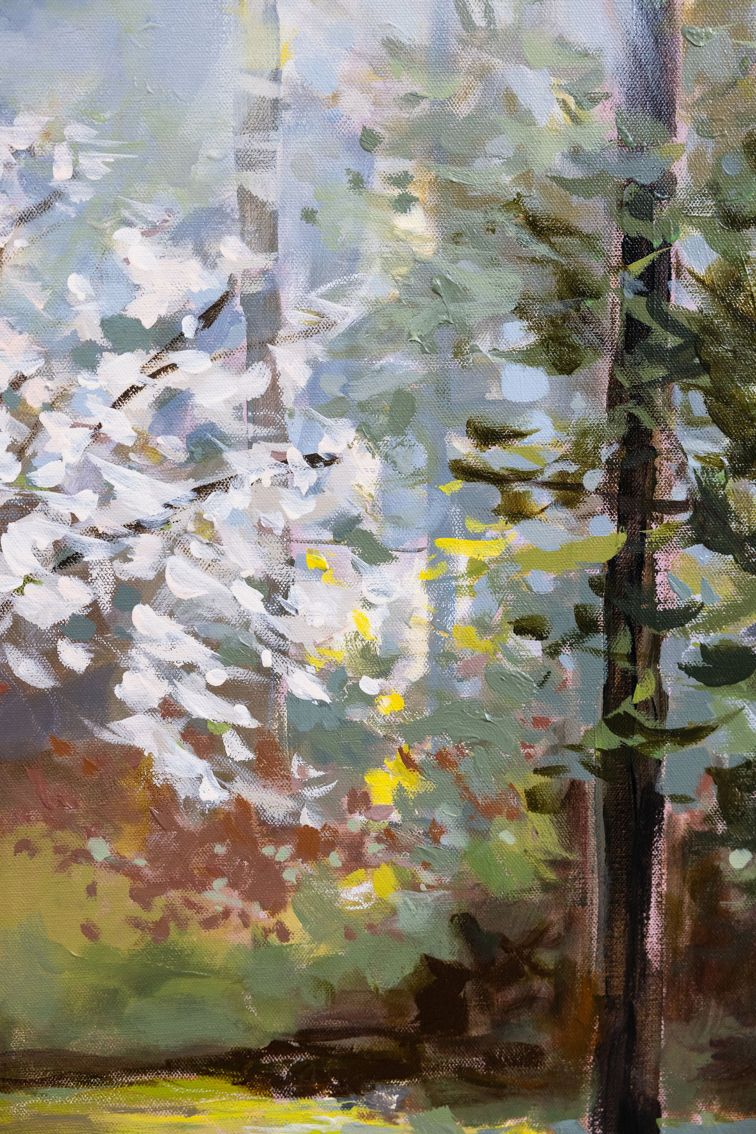 Close-up detail of an oil painting featuring white spring blossoms against soft blue and green woodland layers, capturing movement, light, and seasonal renewal.