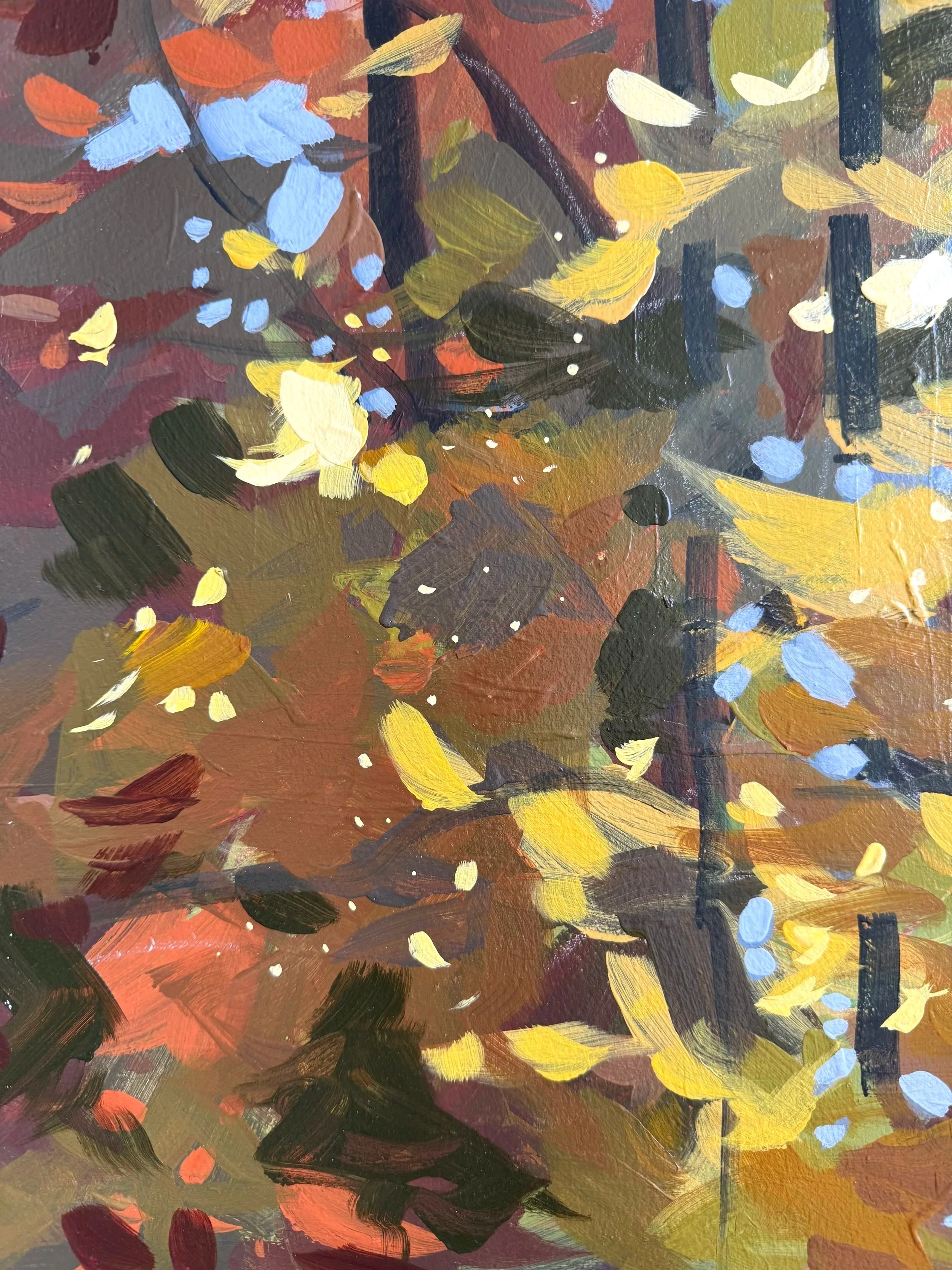 Close-up of warm rust, gold, and olive brushstrokes from Cheyenne Trunnell’s Fall Leaf Study acrylic painting.