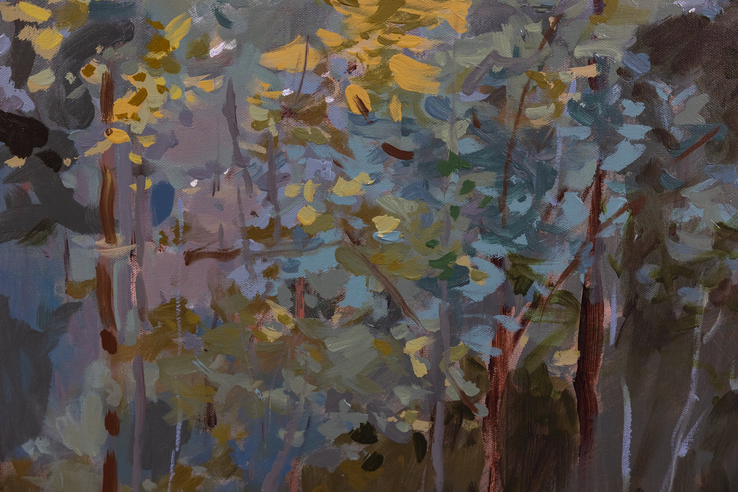 Detail of At the Edge of Stillness by Cheyenne Trunnell, featuring layered blue-green foliage, warm golden highlights, and expressive woodland brushwork.