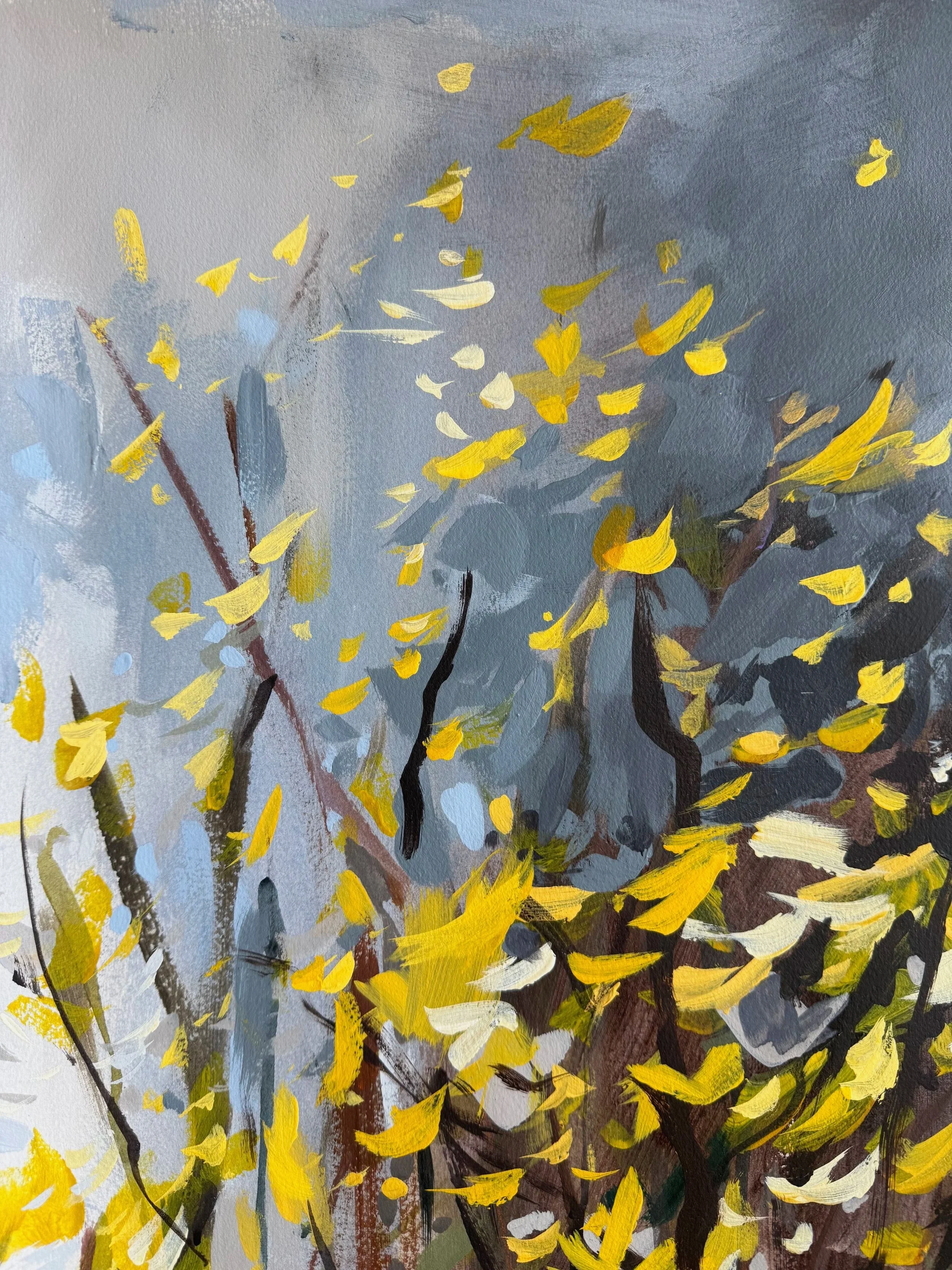 Detail of upper blossoms in Cheyenne Trunnell’s Spring Forsythia Study, with soft gray sky and vivid yellow strokes.
