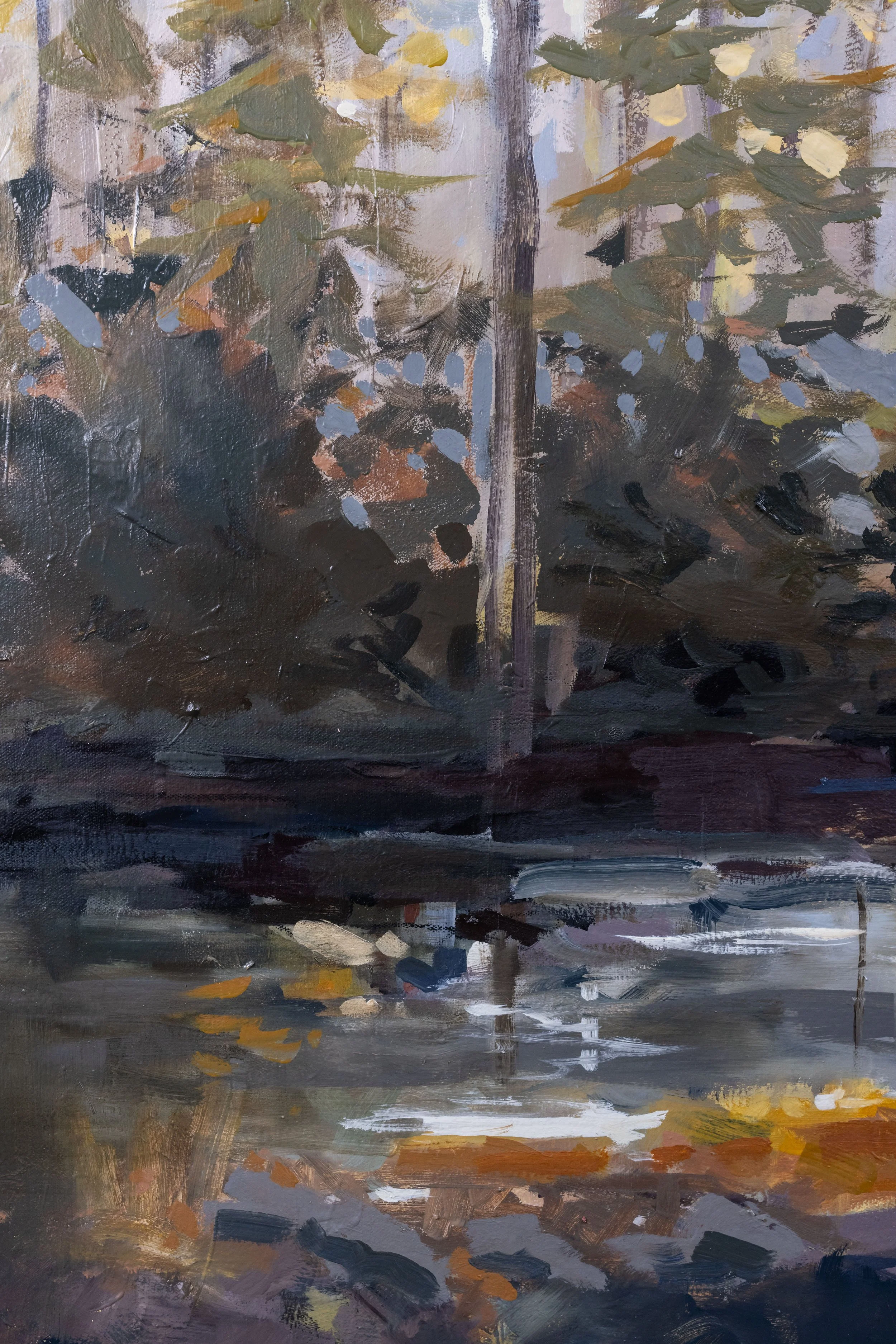 Original oil landscape painting by Asheville artist Cheyenne Trunnell depicting up close details of autumn trees surrounding reflective water with soft, glowing light, unframed, 36x48 inches.