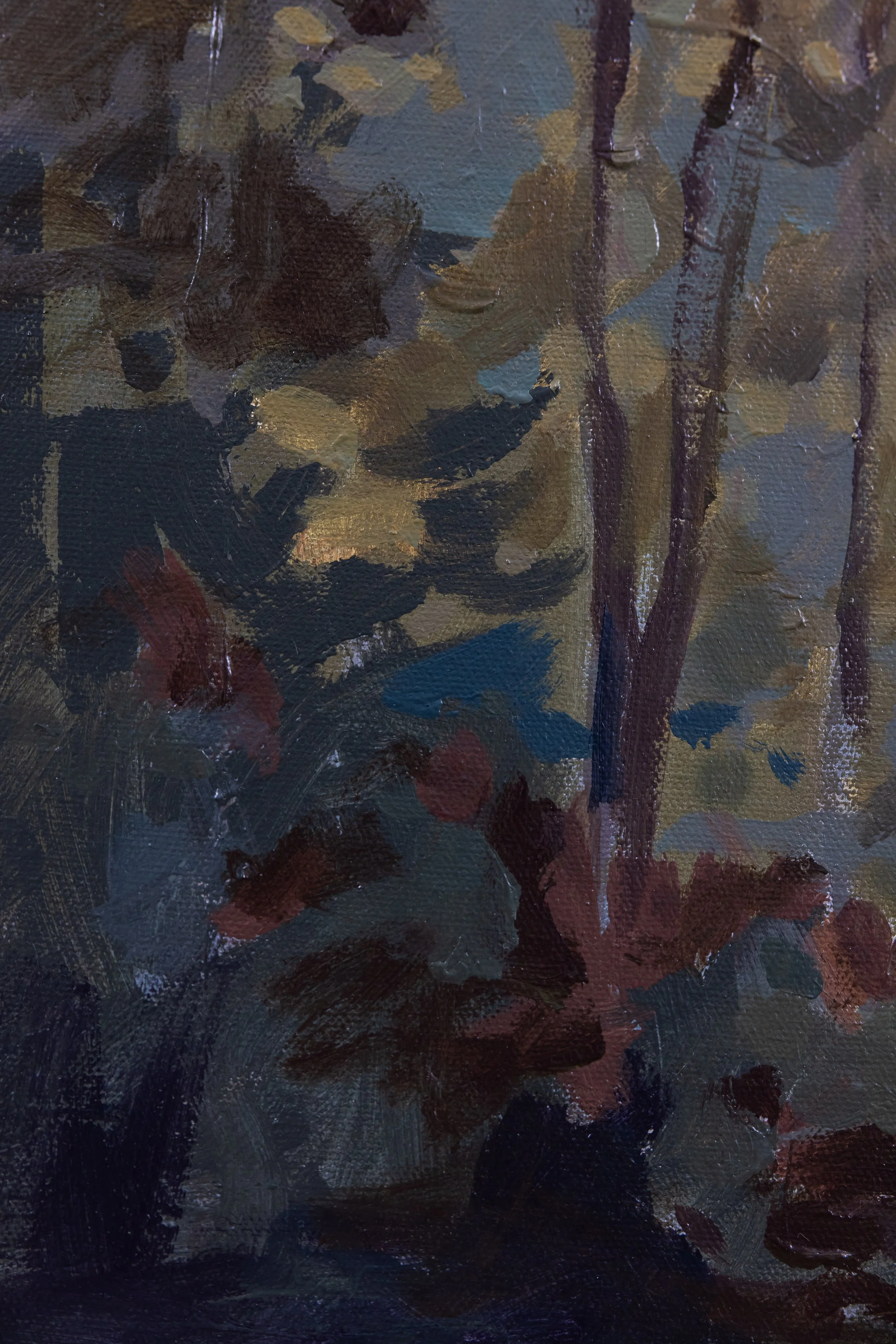 Detail of Light Upon the Water by Cheyenne Trunnell, featuring slender tree trunks, deep green foliage, and expressive brushwork along the shaded shoreline.