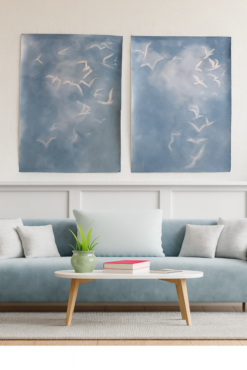 Original acrylic and gouache paintings by Asheville artist Cheyenne Trunnell depicting white birds soaring across a blue sky, styled above a blue coach with white pillows, unframed, 31x45 inches.