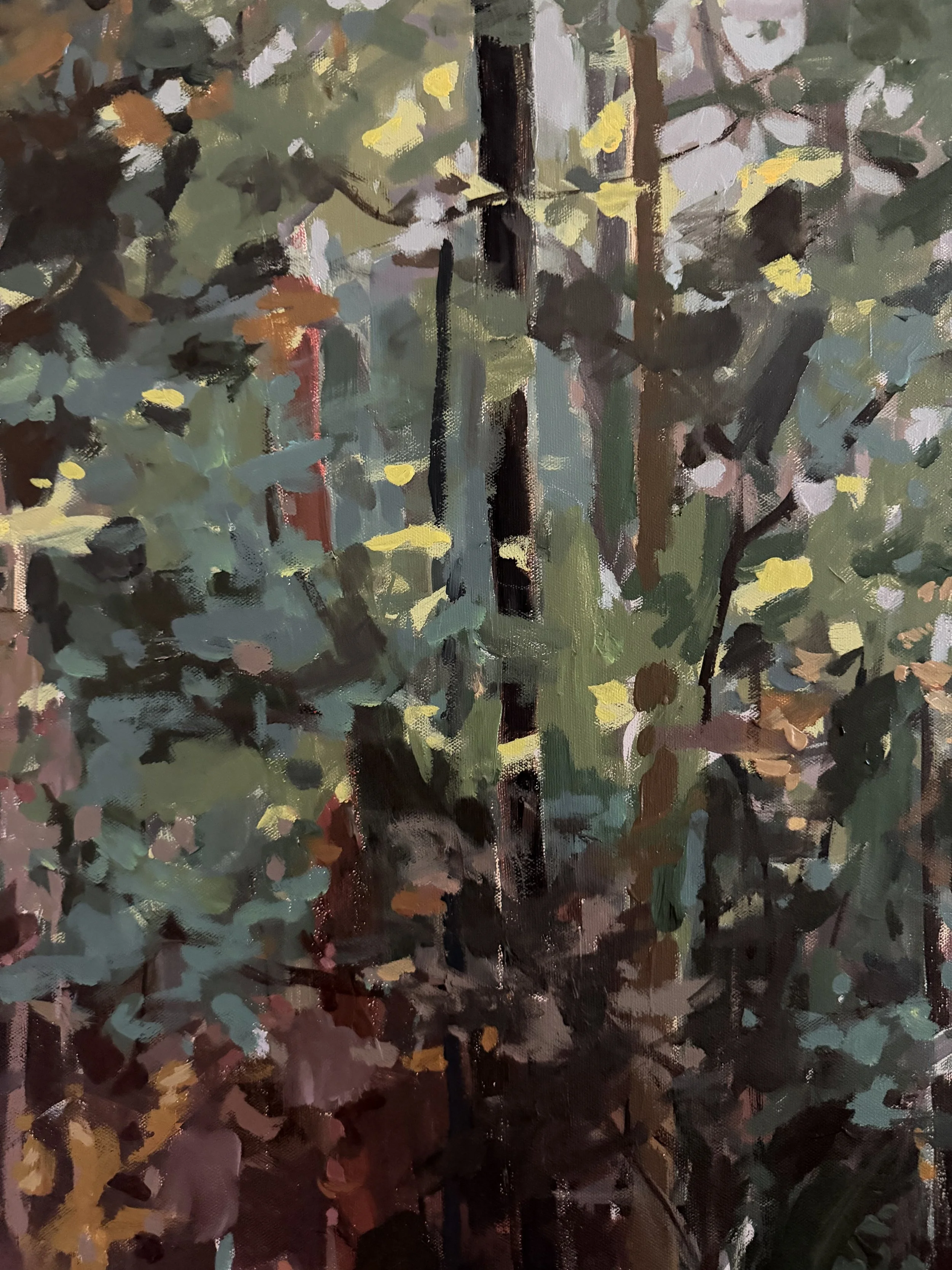 Close-up detail of a woodland landscape painting with layered green and brown tones, vertical tree trunks, and soft depth within the forest.