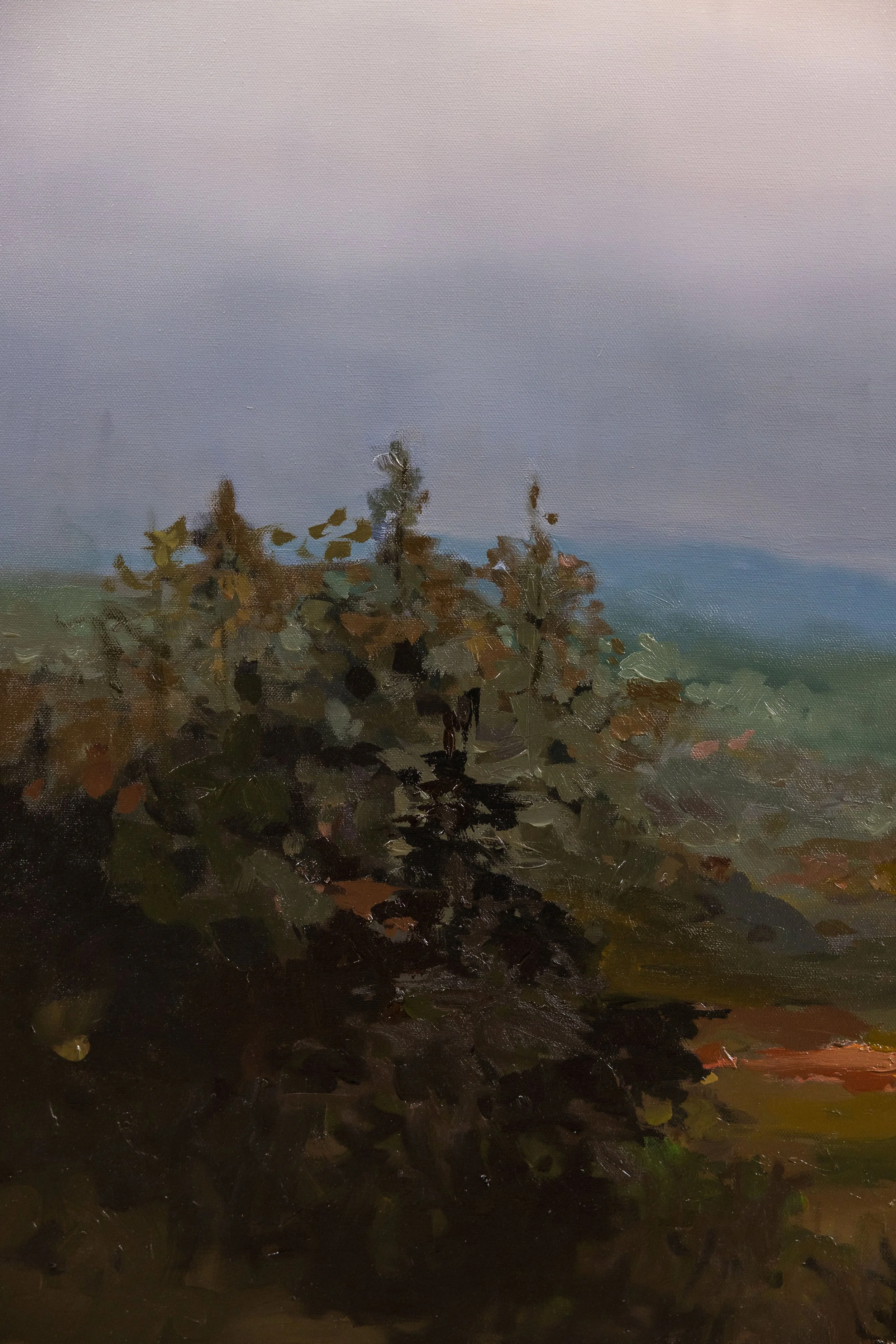 Detail view of original oil landscape painting by Asheville artist Cheyenne Trunnell showing distant blue mountains beneath a muted, atmospheric sky, framed, 37x45 inches.
