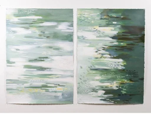 Original oil painting by Asheville artist Cheyenne Trunnell depicting two paintings of an abstract reflection of water in soft green tones, framed, 37x48 inches.