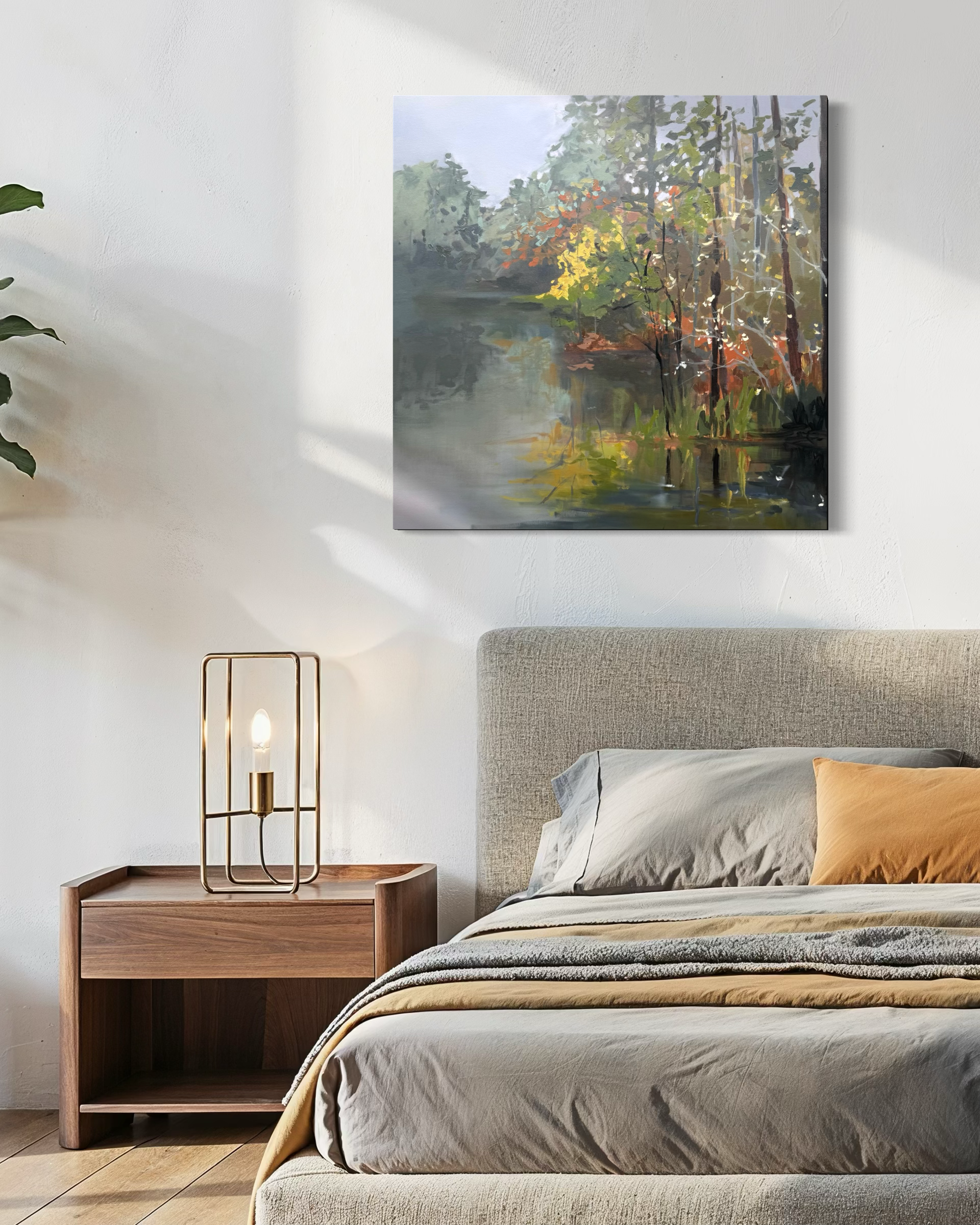 Our Hearts Are Restless Until They Rest in Thee by Cheyenne Trunnell, shown above a neutral upholstered bed in a softly lit bedroom with warm wood accents.