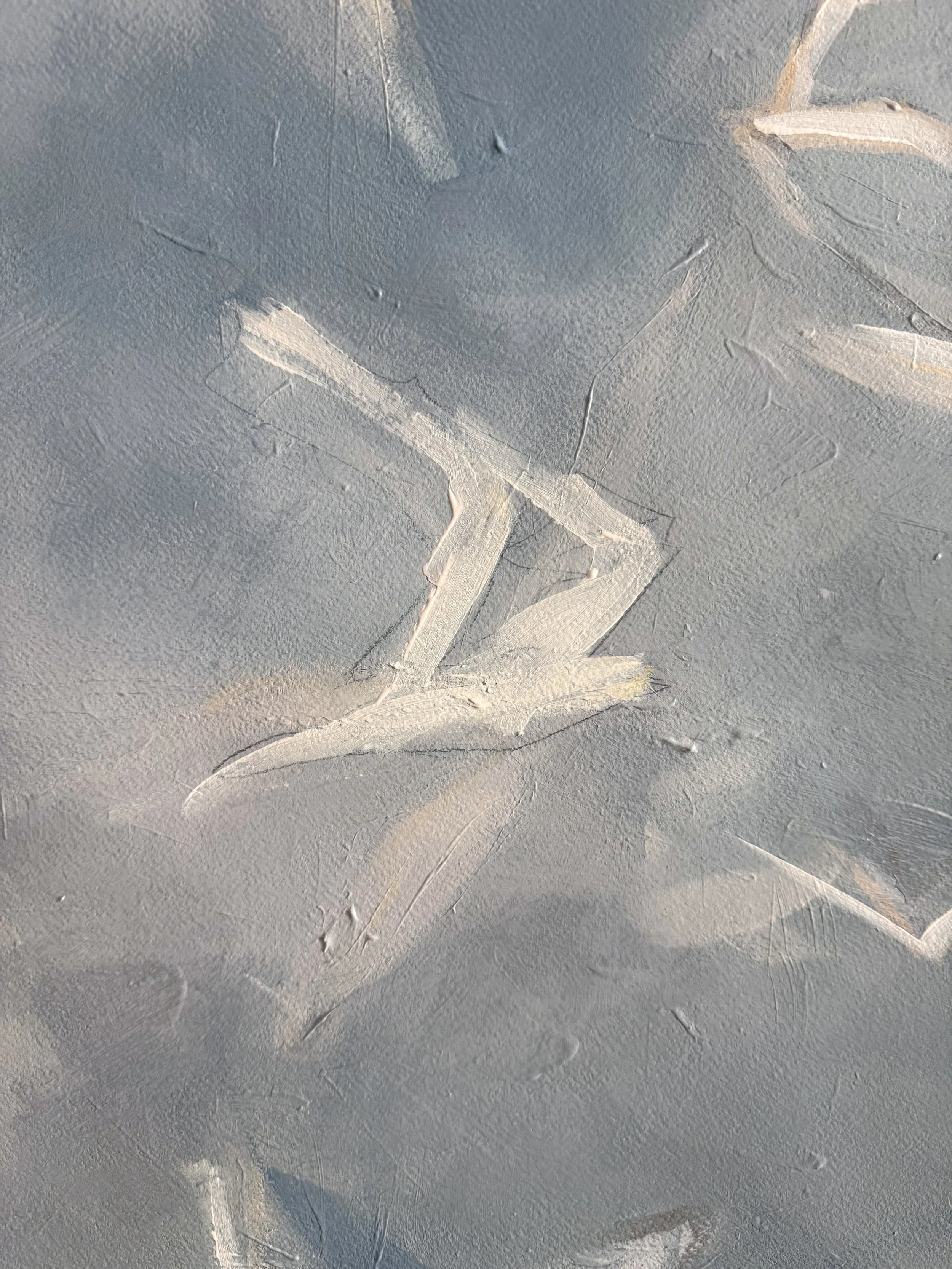 Original acrylic and gouache painting by Asheville artist Cheyenne Trunnell depicting up close details of white birds soaring across a blue sky, unframed, 31x45 inches.