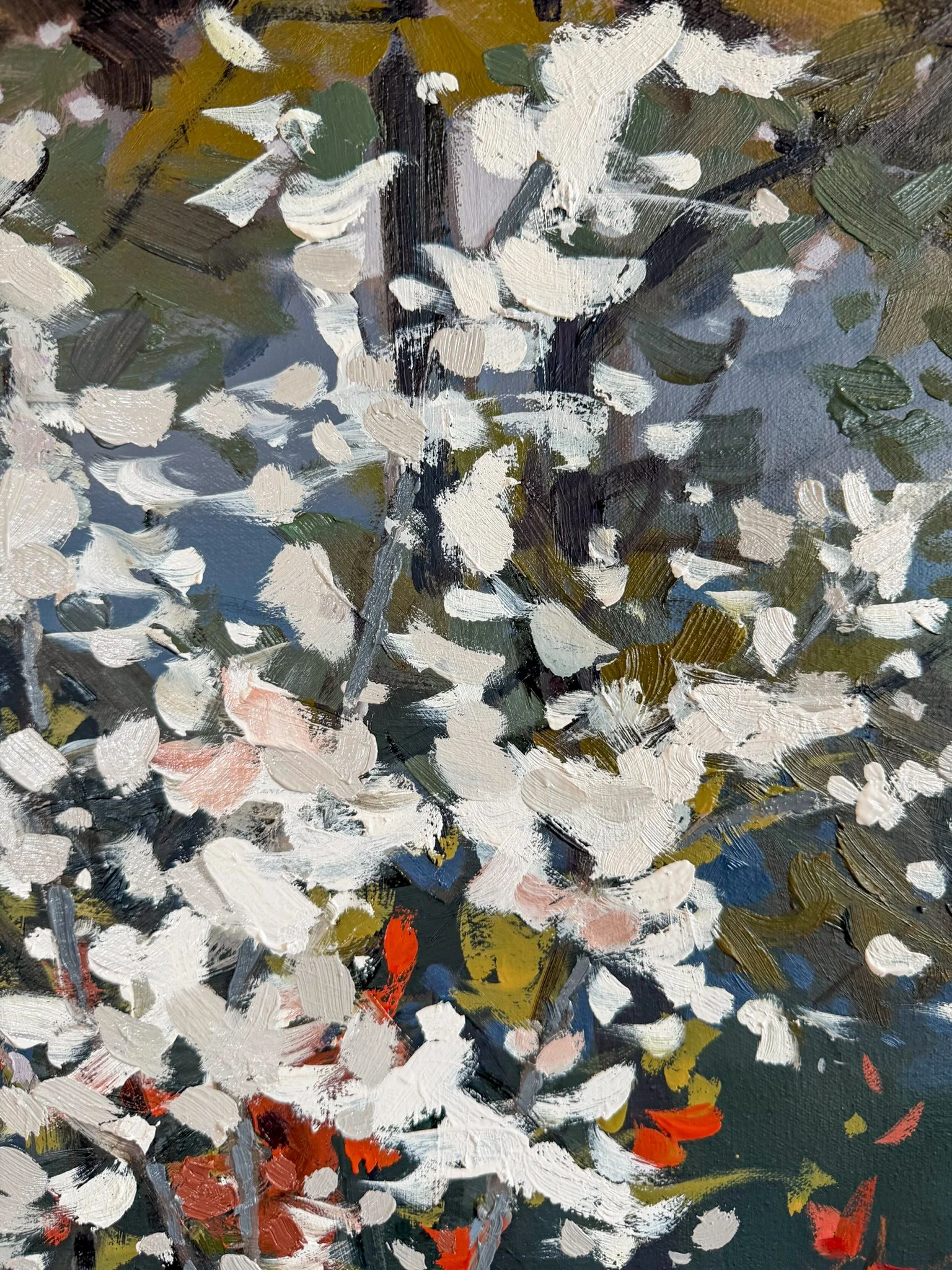 Textured oil painting detail of delicate white blossoms and layered green foliage, painted with expressive brushstrokes that capture the freshness of spring.