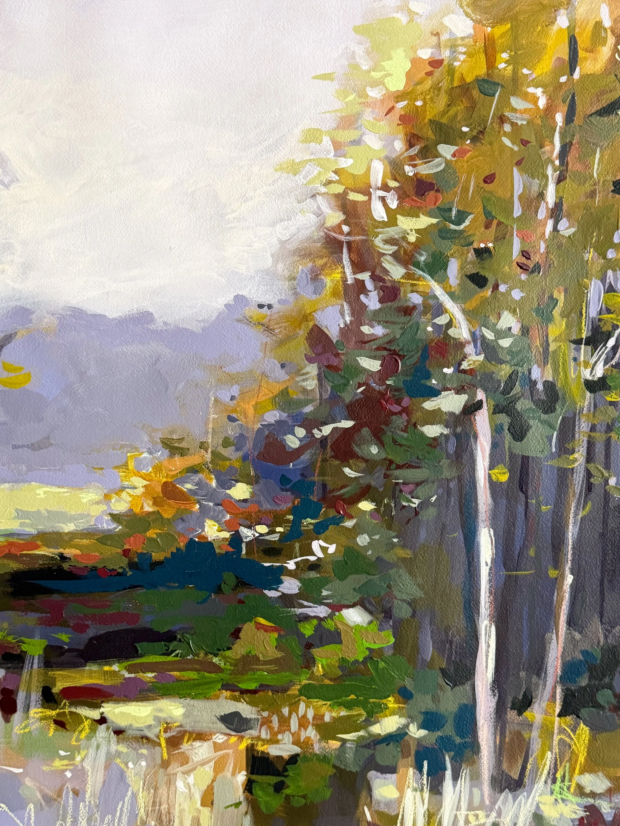 Original mixed media landscape painting by Asheville artist Cheyenne Trunnell depicting up close details of an early fall meadow in soft, golden light, unframed, 31x45 inches.