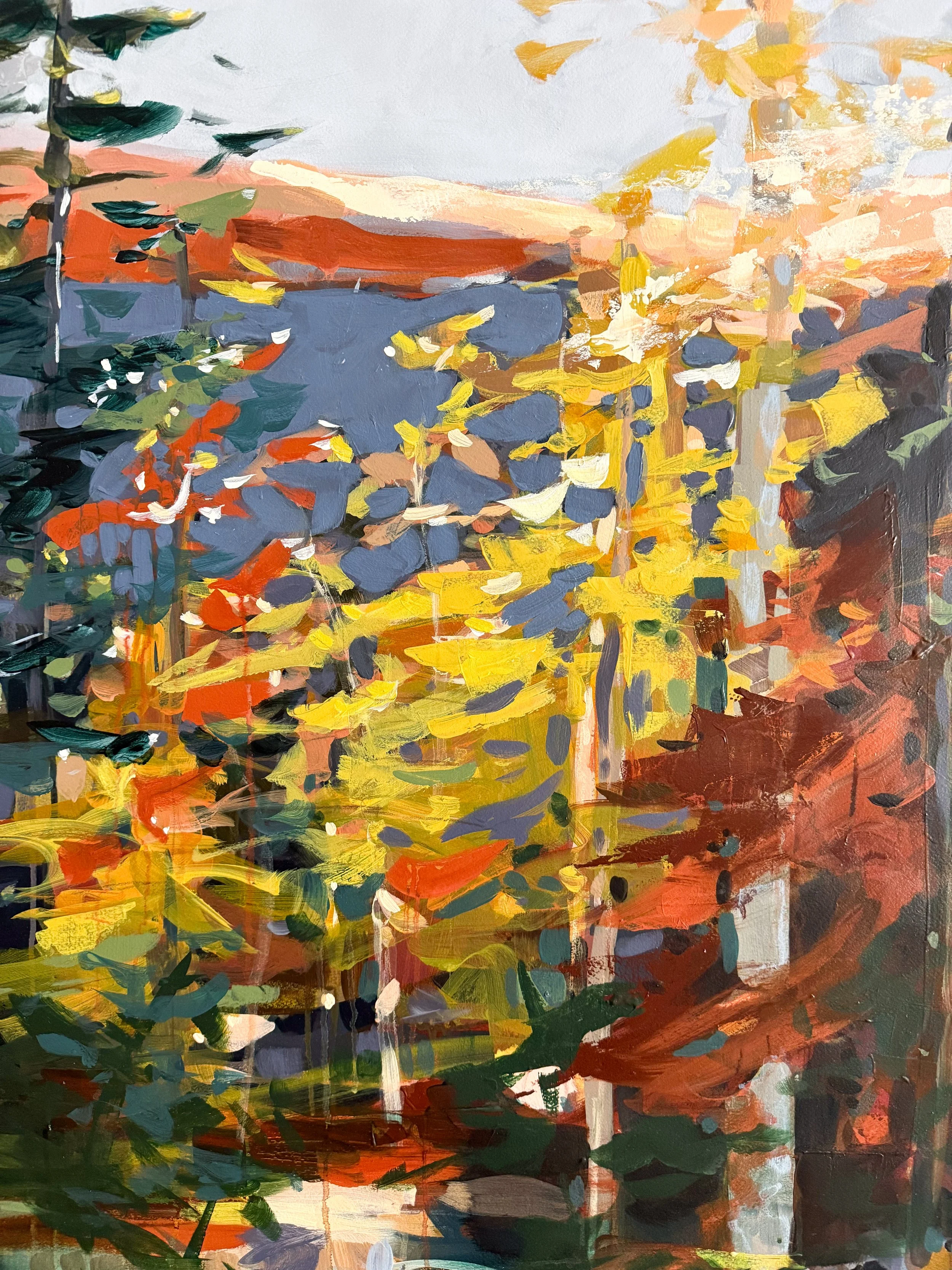 Original oil landscape painting by Asheville artist Cheyenne Trunnell showing up close details of fall trees glowing in the soft mountain morning light, unframed, 37x45 inches.