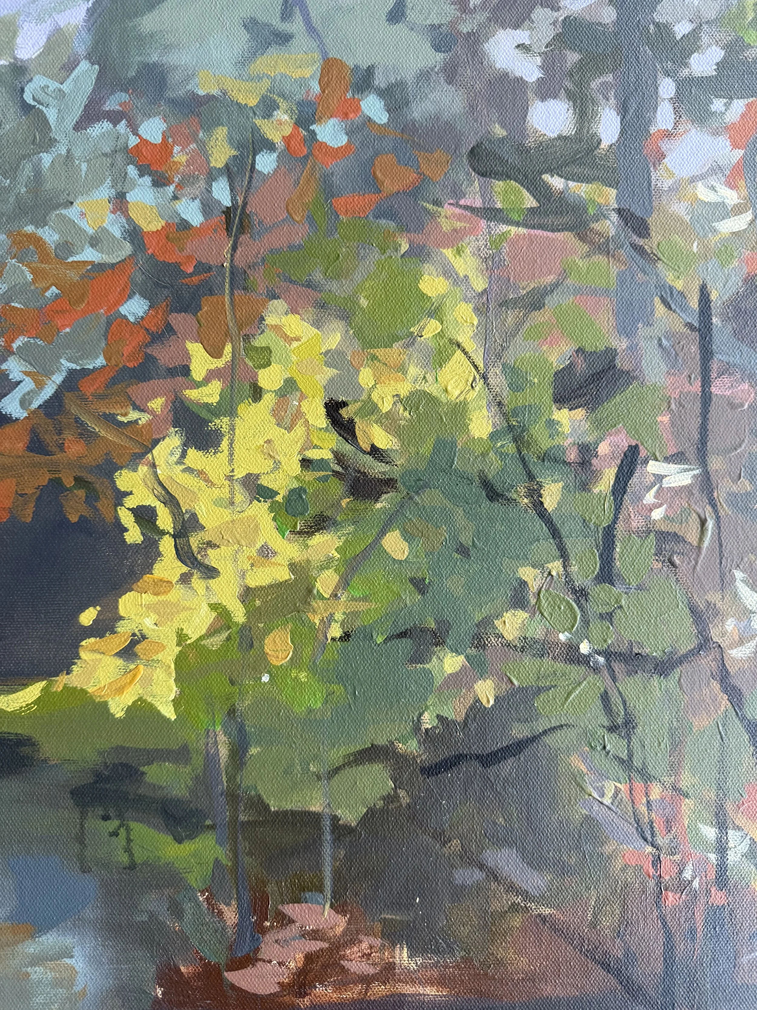 Detail of Our Hearts Are Restless Until They Rest in Thee by Cheyenne Trunnell, featuring luminous yellow-green foliage layered with soft blue, rust, and muted green tones.