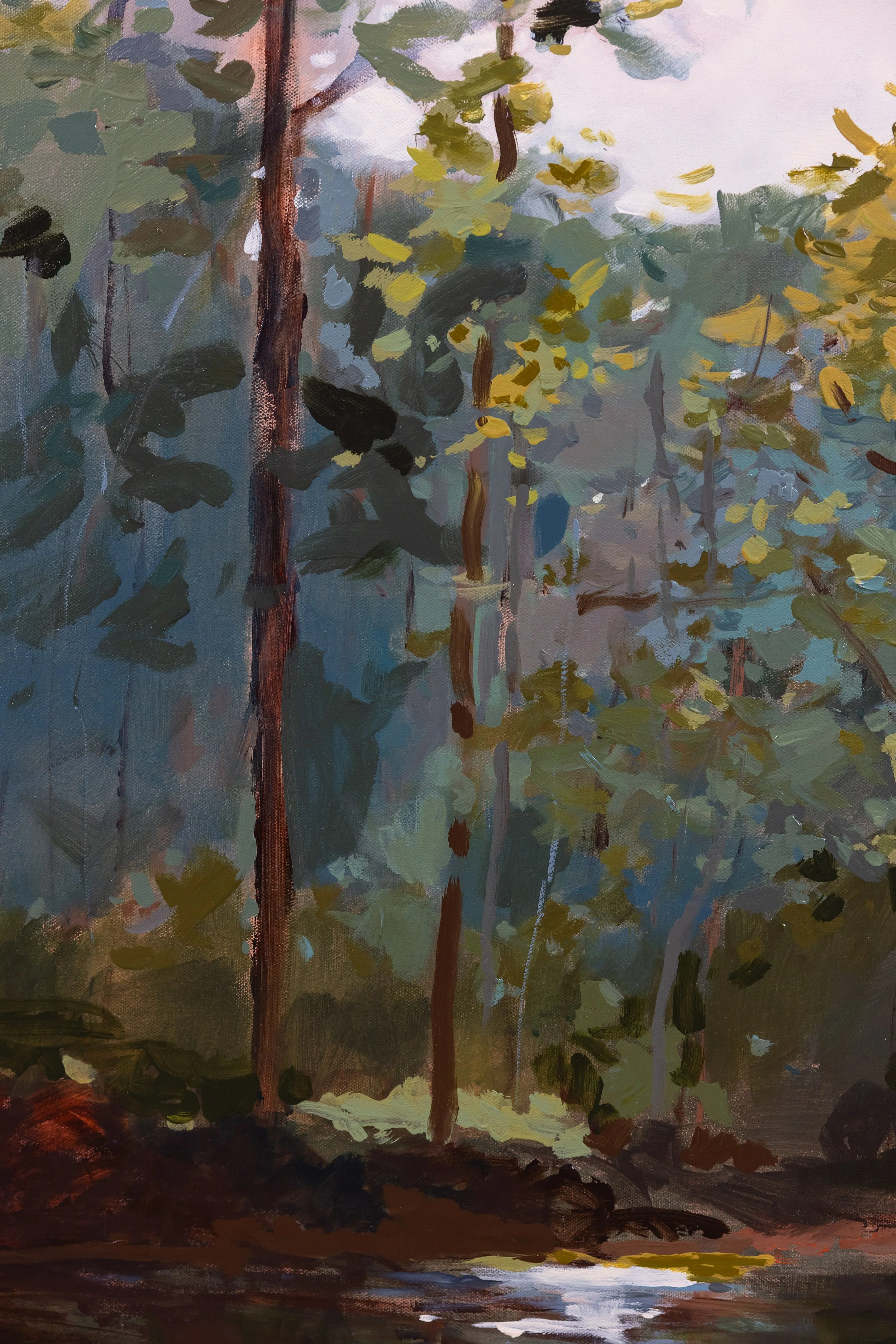 Close-up of At the Edge of Stillness with slender tree trunks, muted greens, blue tones, and touches of warm gold.