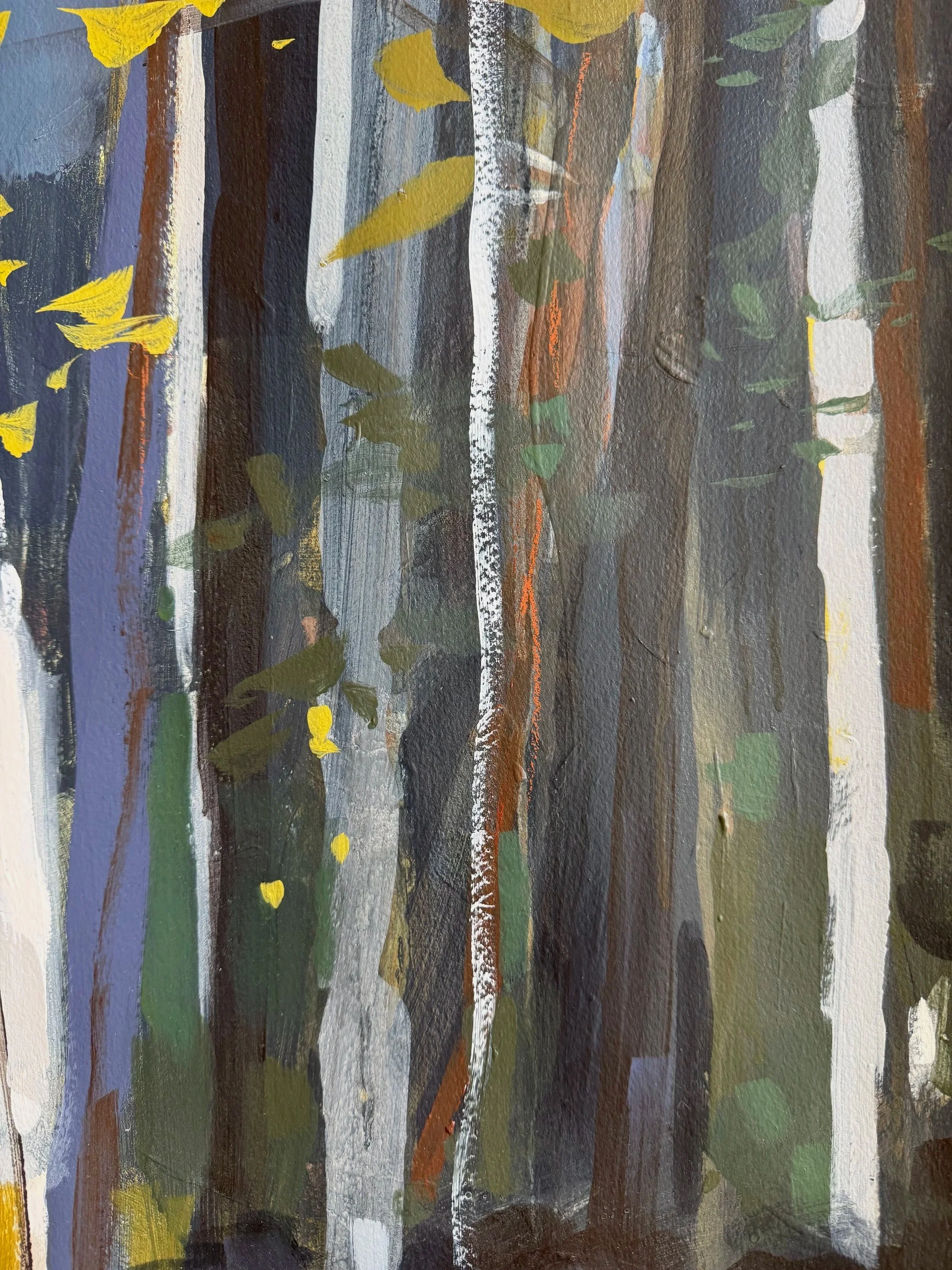 Detail showing tall tree trunks and cool layered greens in Cheyenne Trunnell’s Late Summer Study.