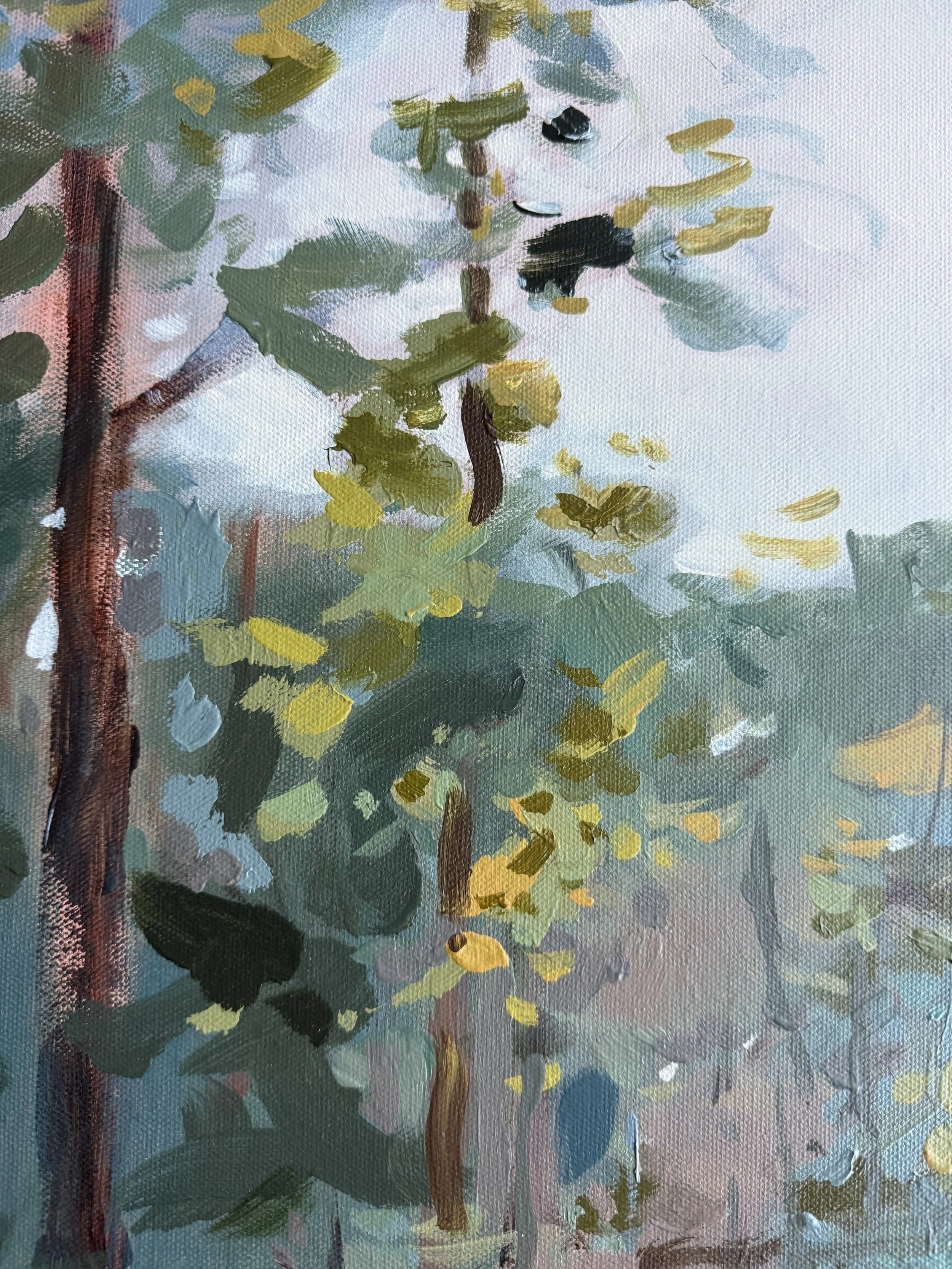 Close-up of tall pine trunks and loose green and gold brushstrokes reaching into the pale sky.