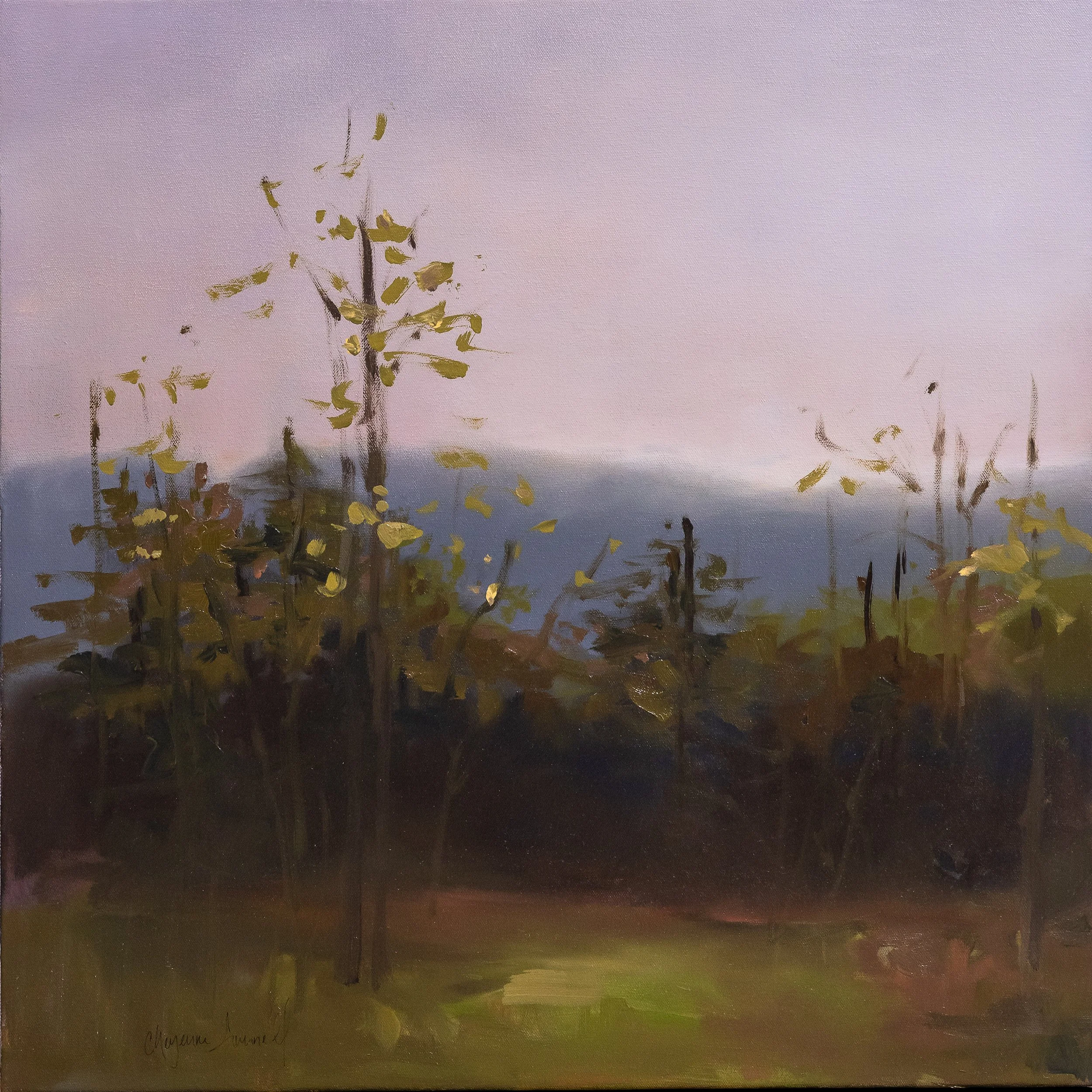 Detail of a framed acrylic landscape painting by Asheville artist Cheyenne Trunnell highlighting soft light and loose brushwork.