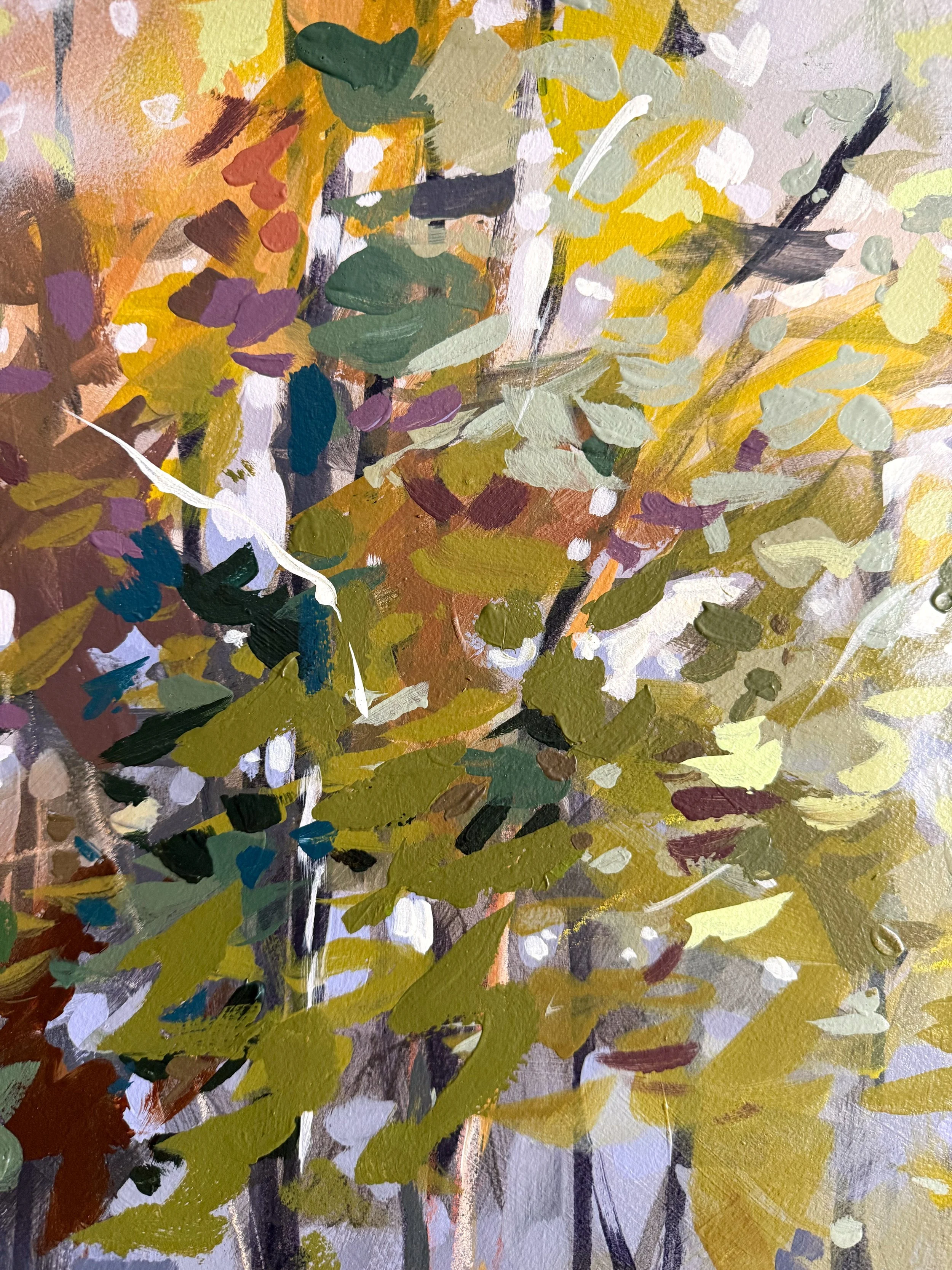 Original mixed media landscape painting by Asheville artist Cheyenne Trunnell depicting up close details of an early fall meadow in soft, golden light, unframed, 31x45 inches.