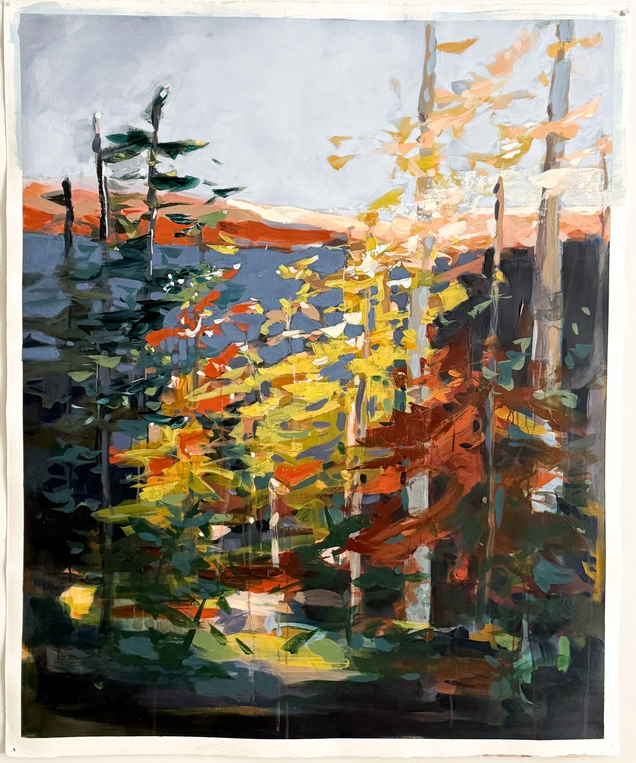 Original oil landscape painting by Asheville artist Cheyenne Trunnell showing fall trees glowing in the soft mountain morning light, unframed, 37x45 inches.