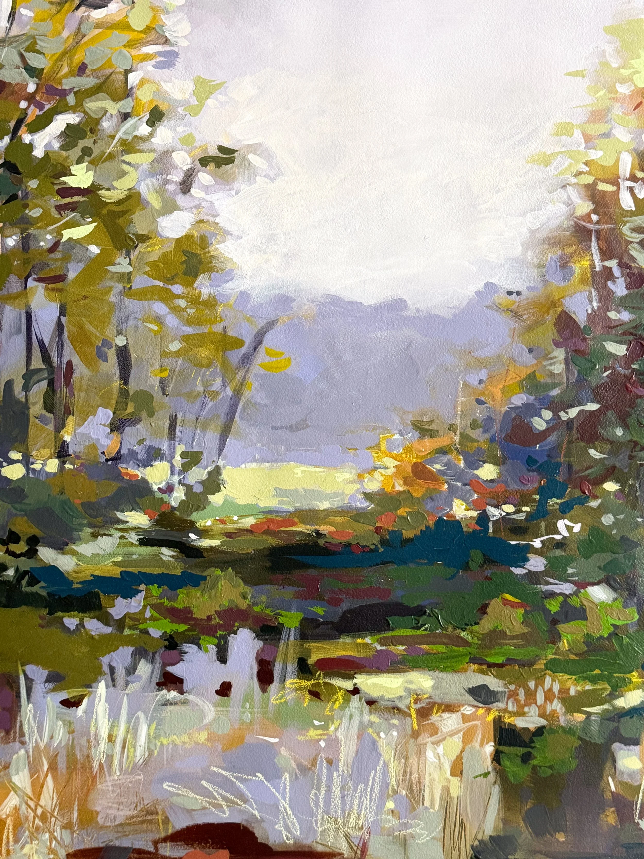 Original mixed media landscape painting by Asheville artist Cheyenne Trunnell depicting up close details of an early fall meadow in soft, golden light, unframed, 31x45 inches.