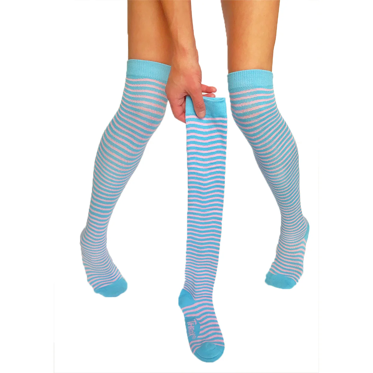 Throx Wavy Pink ’n Blue Cotton Candy  Striped Thigh Highs