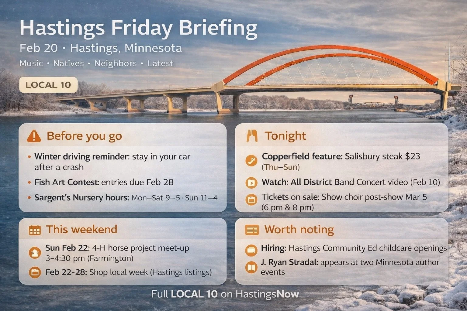 Hastings Friday Briefing (Feb 20): Music, Natives, Neighbors, and the Latest