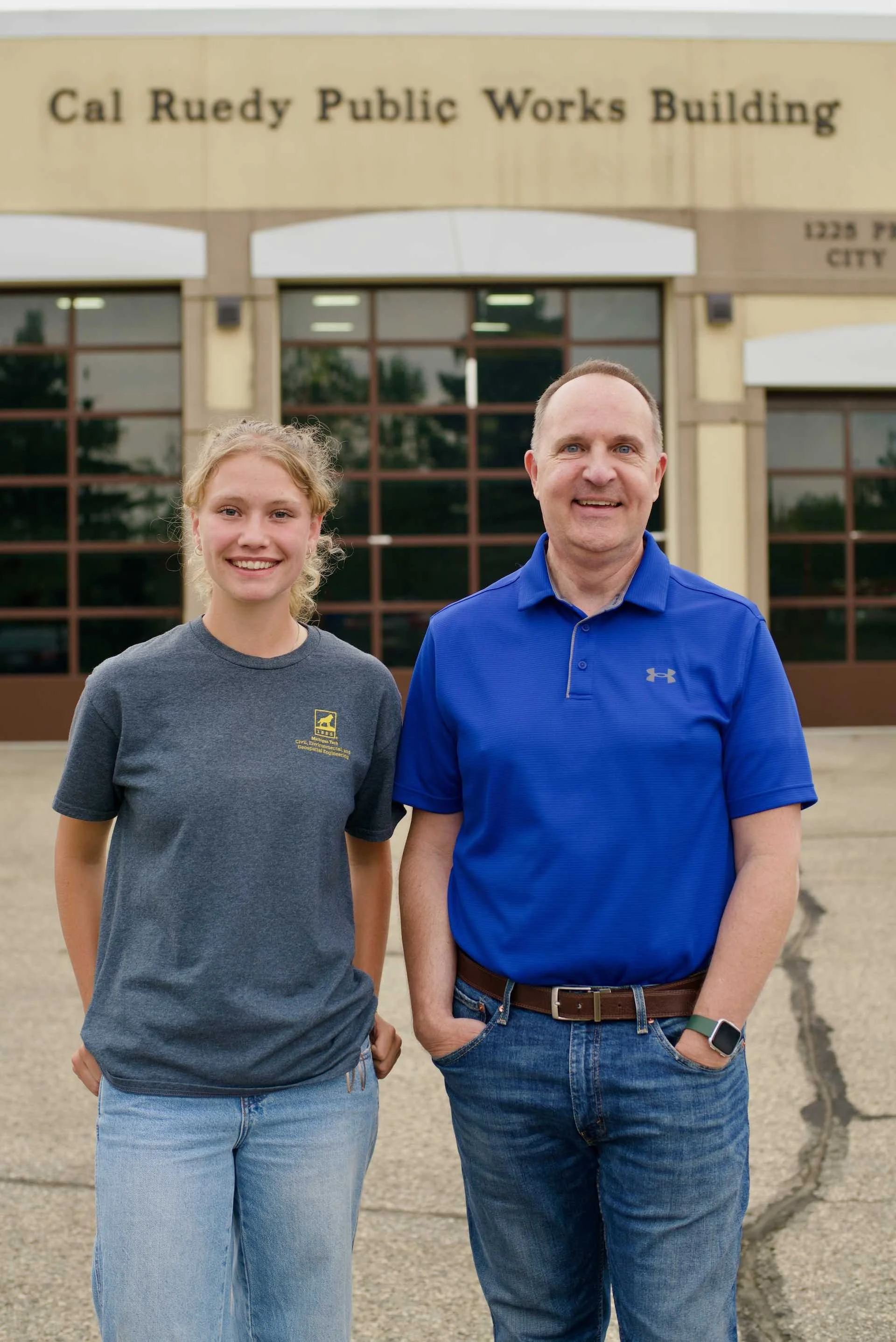 Engineering intern Elsie Jacobs and Hastings City Engineer Brent Thompson outside the Cal Ruedy Public Works Building.