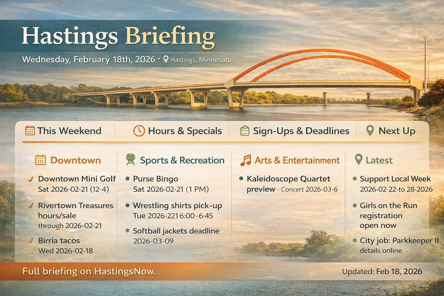 Hastings Briefing — Wednesday, February 18th, 2026 — Downtown, Sports & Recreation, Arts & Entertainment, and the Latest episode artwork