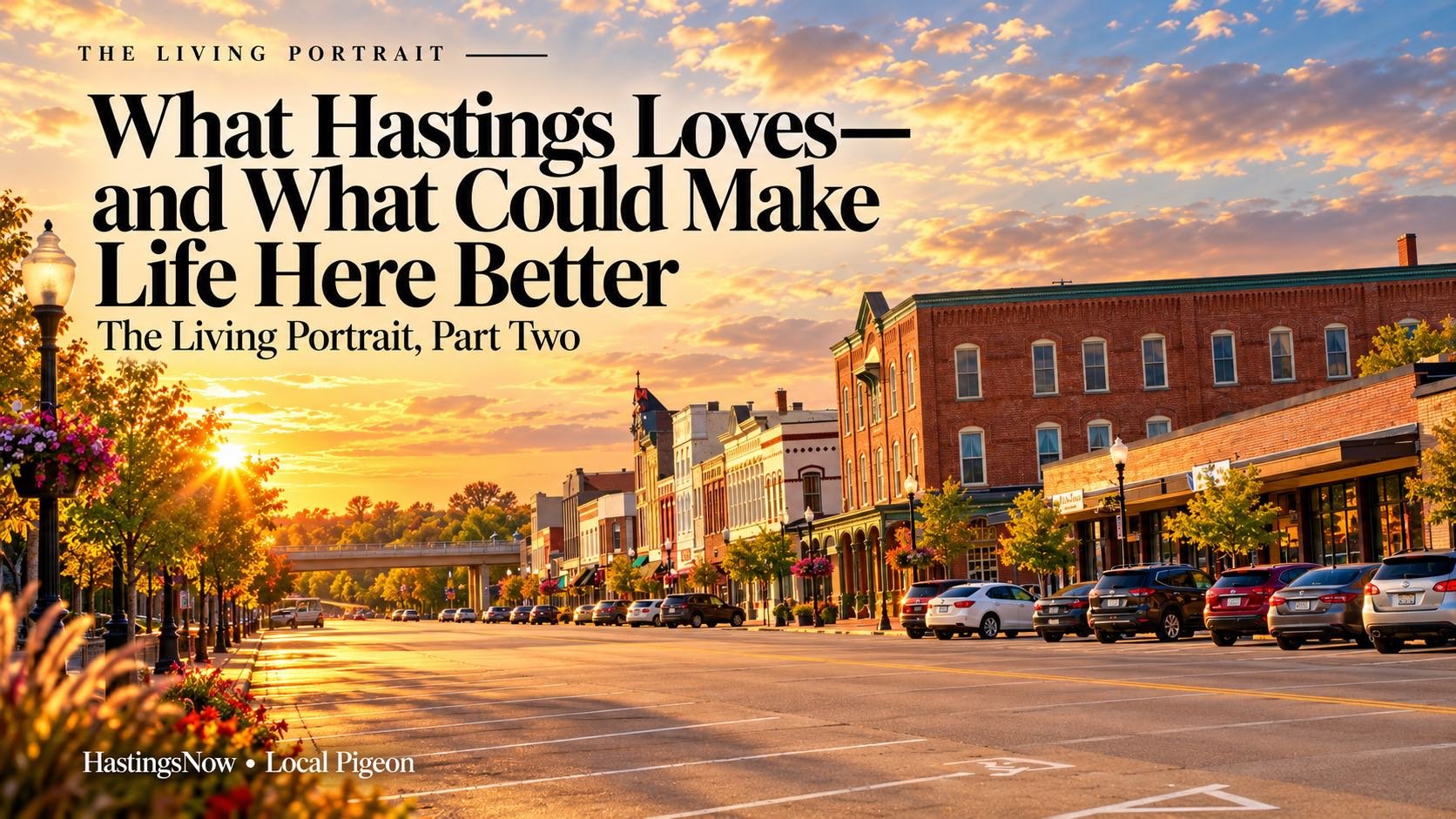 AI-altered view of downtown Hastings, Minnesota, with brick storefronts and parked cars beneath a golden sunset sky.