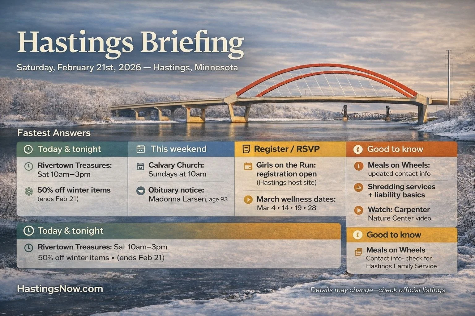 Hastings Briefing — Saturday, February 21st, 2026 — Non-profits, Obituaries, Professional Powerhouse, and the Latest