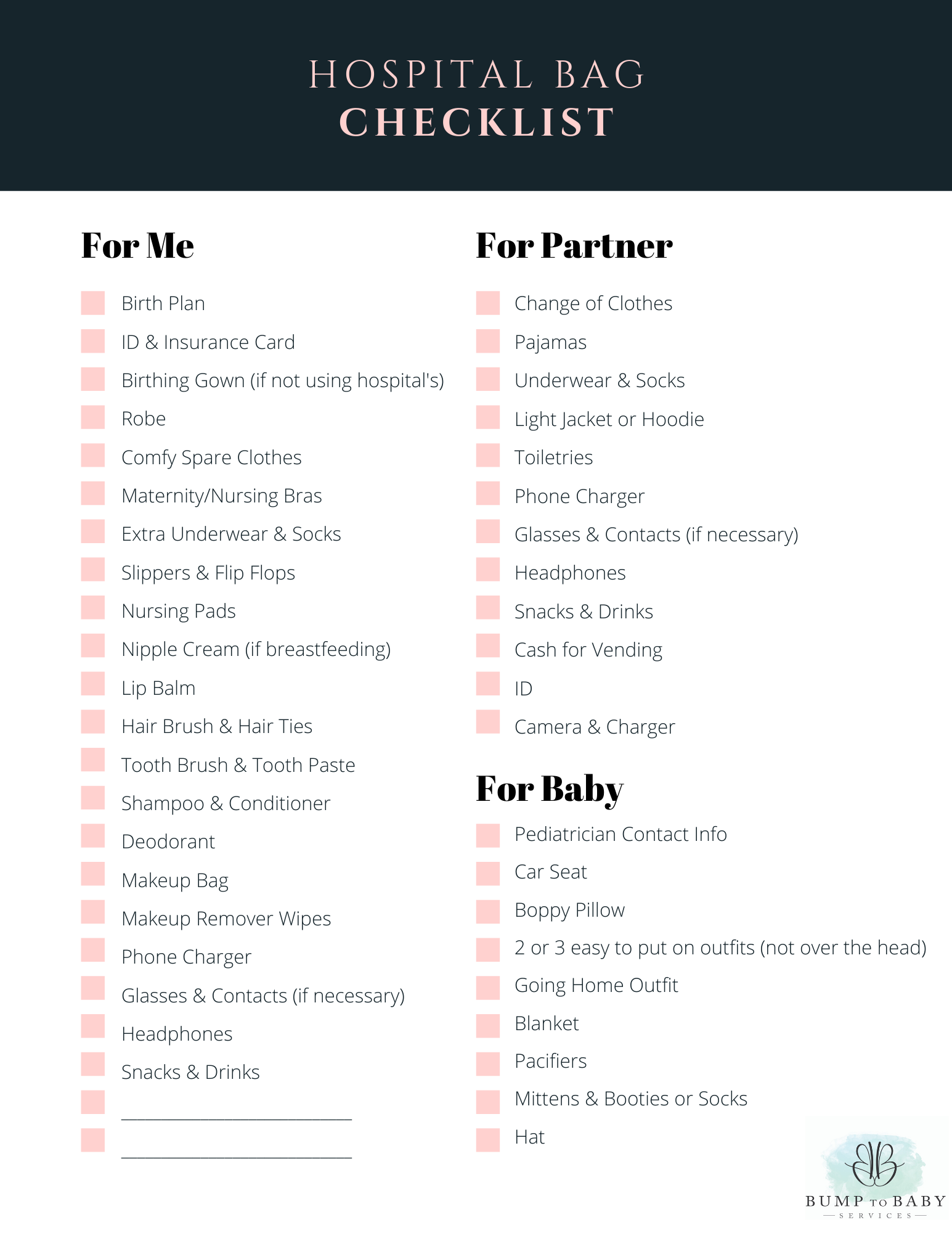 Hospital bag checklist for mum and baby + printables