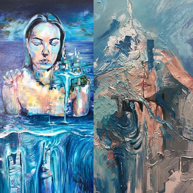 interesting to see these 2 side by side...
left: &ldquo;self-reflection&rdquo;, 2018, mixed media on canvas 
right: &ldquo;layered still&rdquo; 2019, oil on canvas
.
2 pieces a year apart. some similarities, many differences.
.
&bull; learning to not