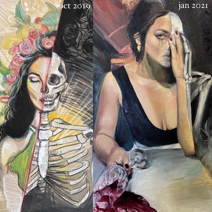a little tbt 💀🍷
⬅️ 🖊 on left is a sketch that I did during inktober for the word prompt &ldquo;dark&rdquo;
➡️ 🎨 on right is my recent painting &ldquo;right where you left me&rdquo; done in oil on canvas

💭 it really fascinates me when I look bac