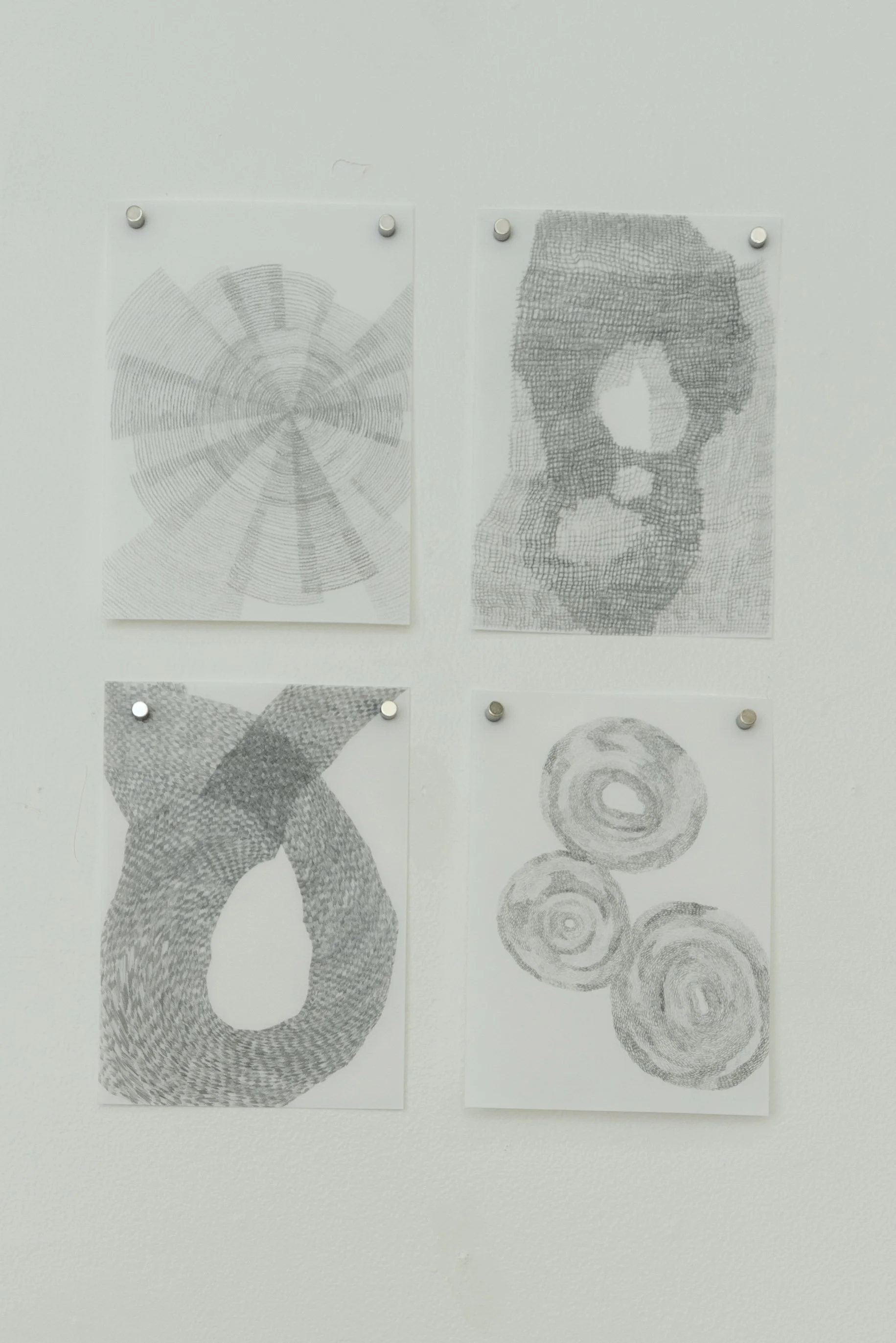   Spiraling; Layering; Crossing; Coalescing  Graphite on Yupo 7 x 5 inches each 