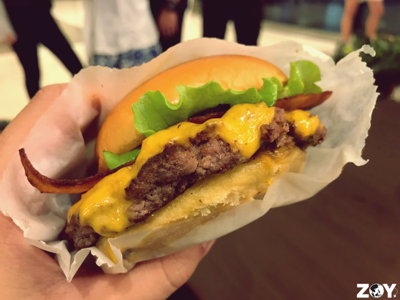 The classic Shack Burger with add-on Applewood Smoked Bacon (Single: P250 plus P115 for the bacon)