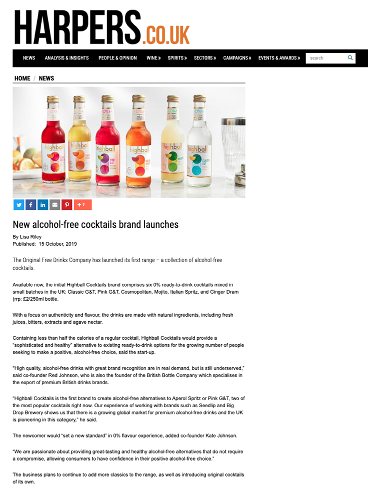 Highball Cocktails claims UK first with alcohol-free RTD bottles, Product  News