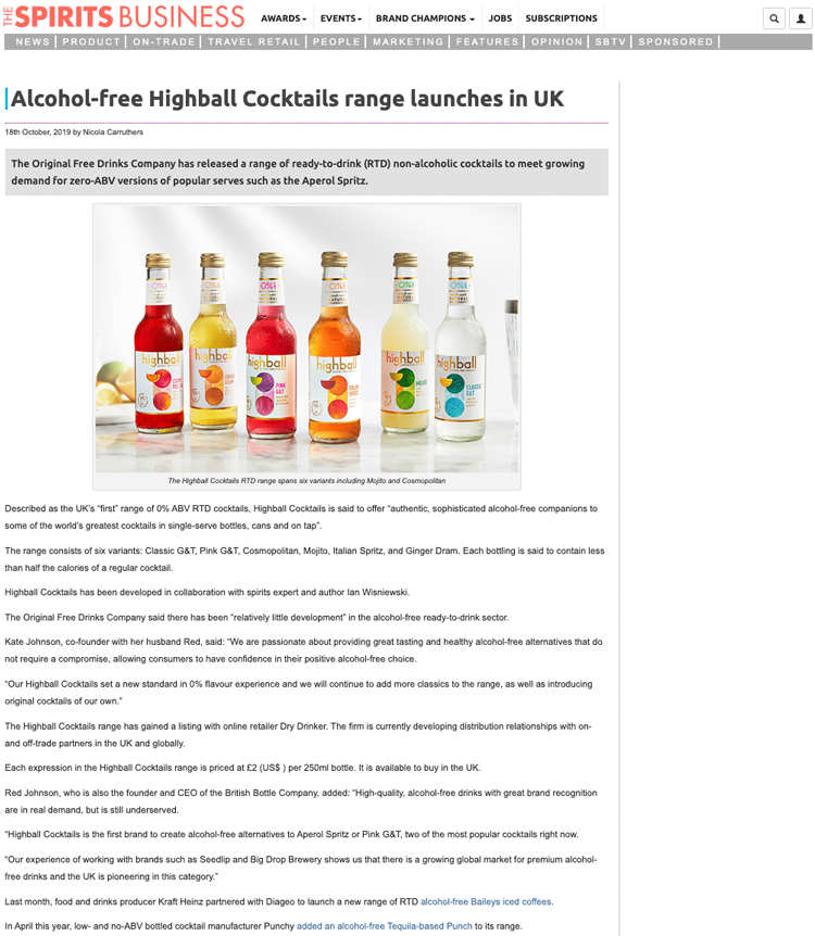 Highball Cocktails claims UK first with alcohol-free RTD bottles, Product  News