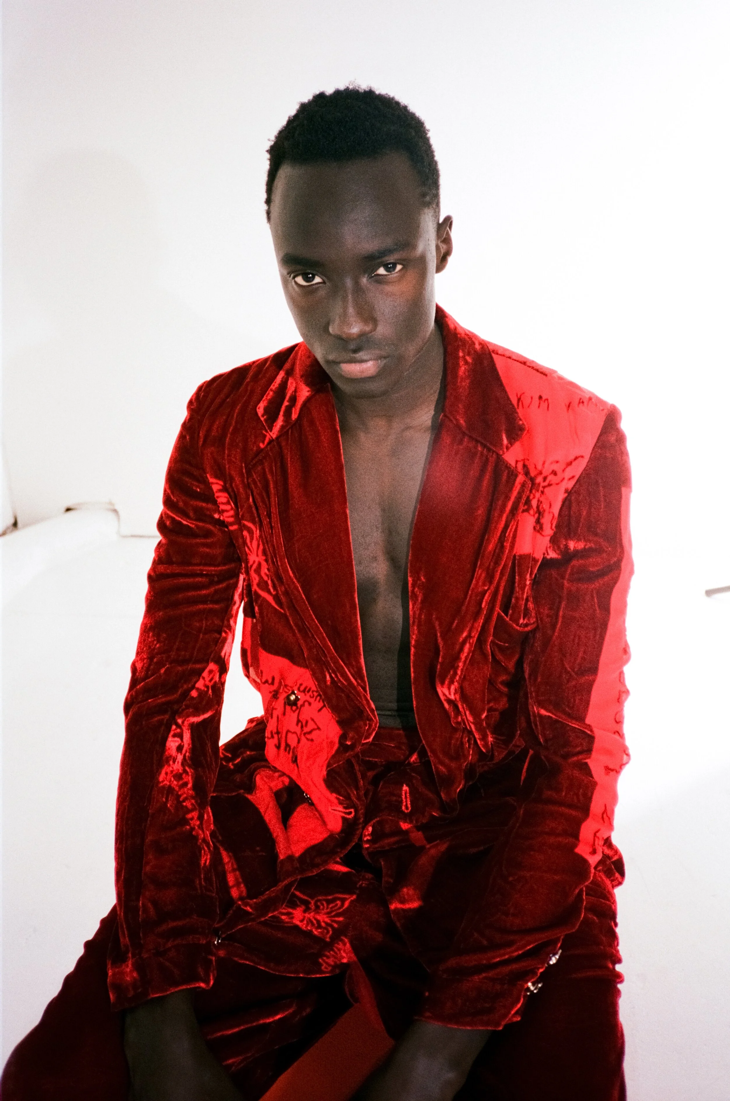 Zac Panyar models the ‘No Sleep’ suit handmade by our tailors in Sydney, using blood red silk velvet, screen printed with Niamh’s ‘secret’ acid recipe.