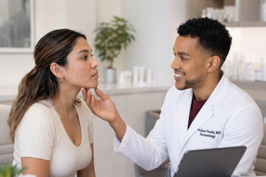 A dermatologist examining a young woman's face in a clinic.