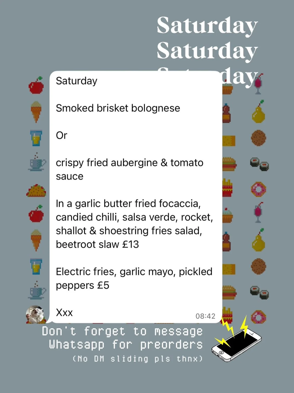 1️⃣ SATURDAY LUNCH SPECIAL : 27th :

Smoked brisket bolognese

or

crispy fried aubergine &amp; tomato sauce

In a garlic butter fried focaccia, candied chilli, salsa verde, rocket, shallot &amp; shoestring fries salad, beetroot slaw &pound;13

Elect