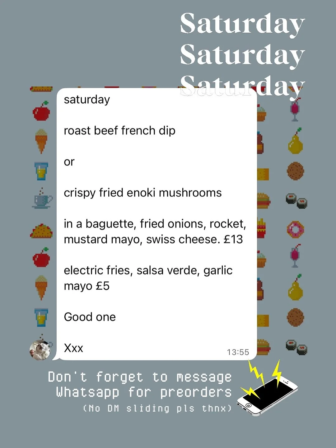 1️⃣ SATURDAY LUNCH SPECIAL : 25th : 
ROAST BEEF FRENCH DIP
or
crispy fried enoki mushrooms
in a baguette, fried onions, rocket, mustard mayo, swiss cheese. £13
electric fries, salsa verde, garlic mayo £5
It’s gonna be a good o