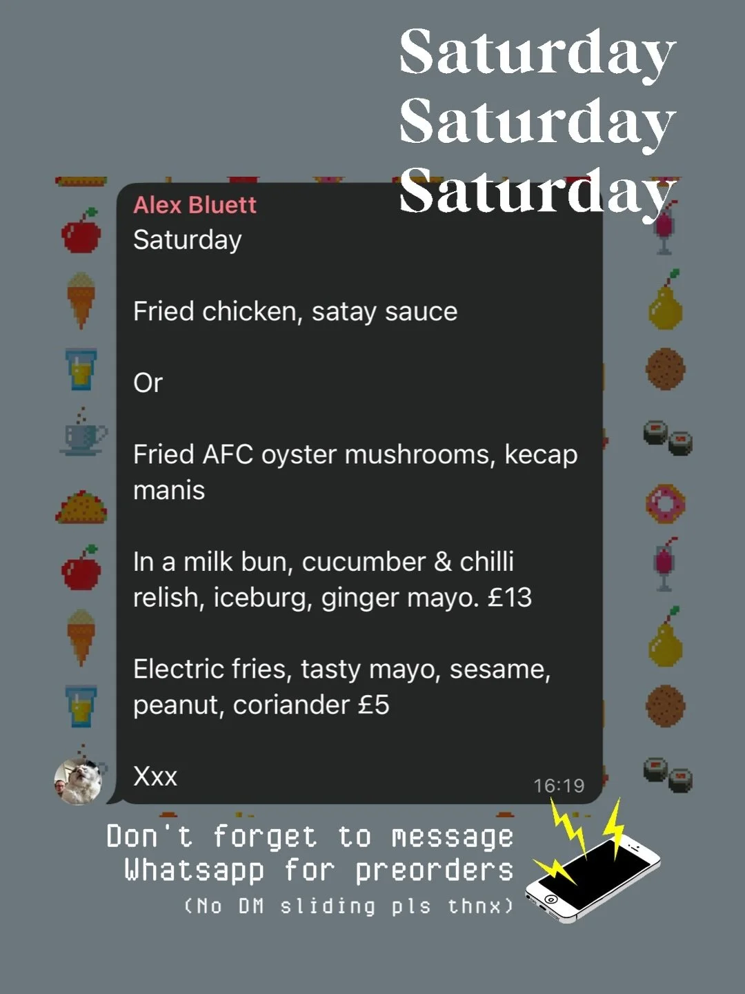 1️⃣ SATURDAY LUNCH SPECIAL : 29th :

Fried chicken, satay sauce 

Or

Fried @atlanticfungicoop oyster mushrooms, kecap manis

In a milk bun, cucumber &amp; chilli relish, iceburg, ginger mayo &pound;13

Electric fries, tasty mayo, sesame, peanut, cor