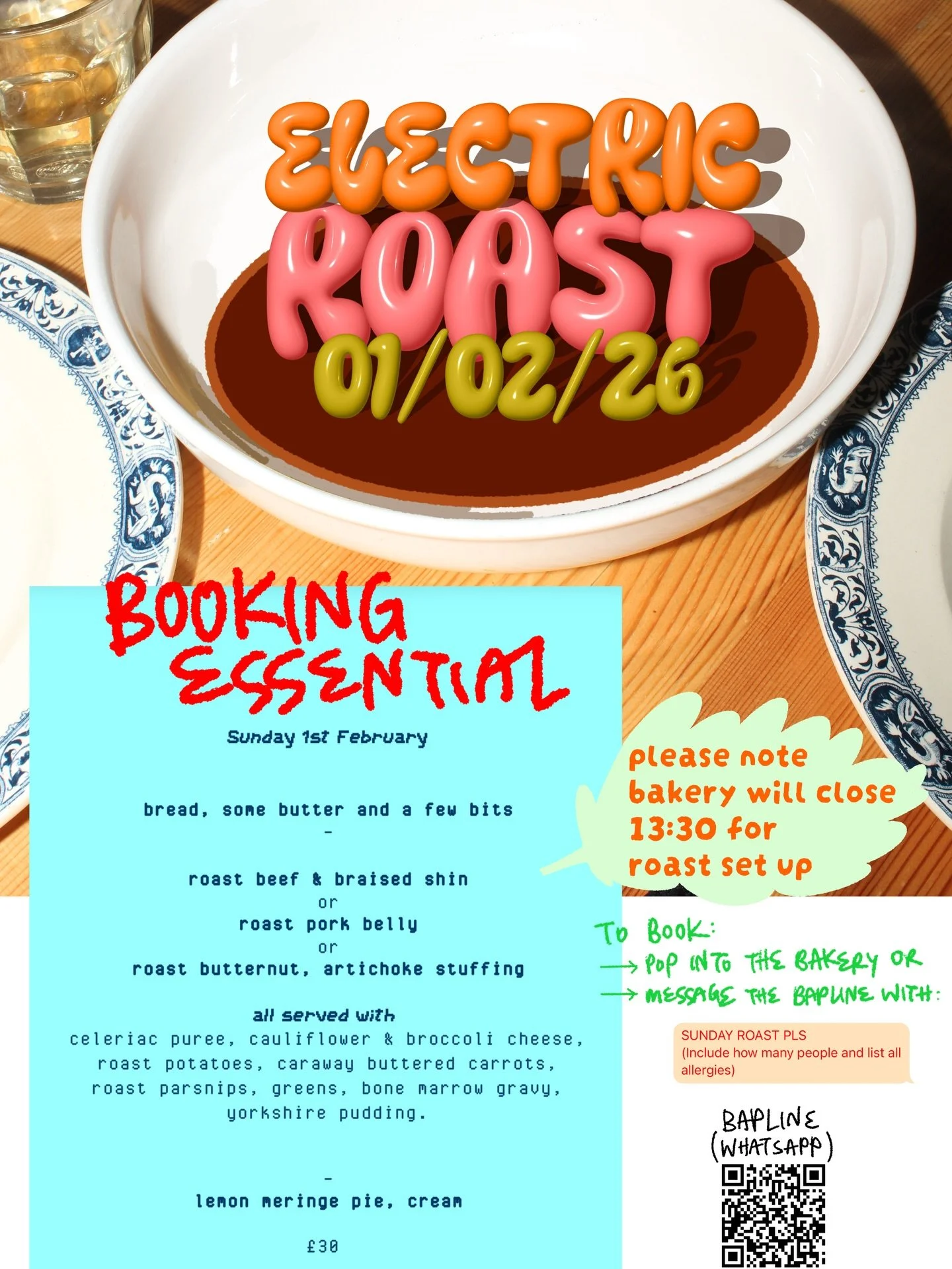 Electric Roast is happening. Sunday 1st February 2026. 2pm

Booking is essential.

To book:
&bull; Pop into the bakery or
&bull; Message the Bapline with:
&ldquo;SUNDAY ROAST PLS&rdquo; + how many people + allergens

🔗 Bapline link in bio
❌ Do not D